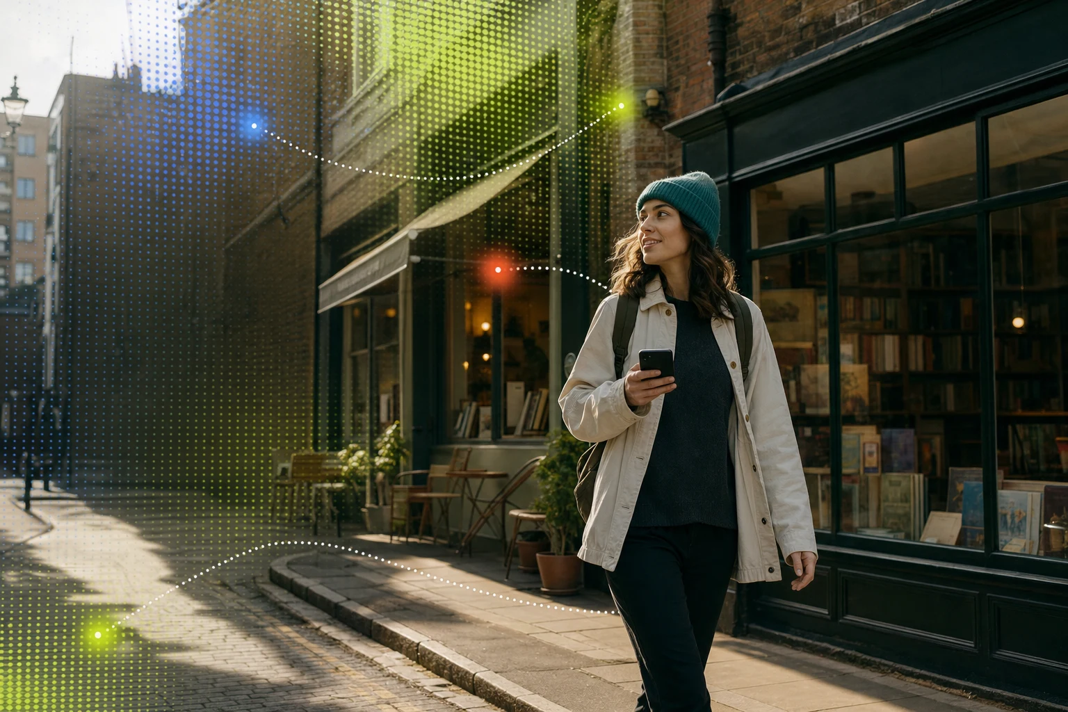 Explorer on a London street with a computational spatial overlay