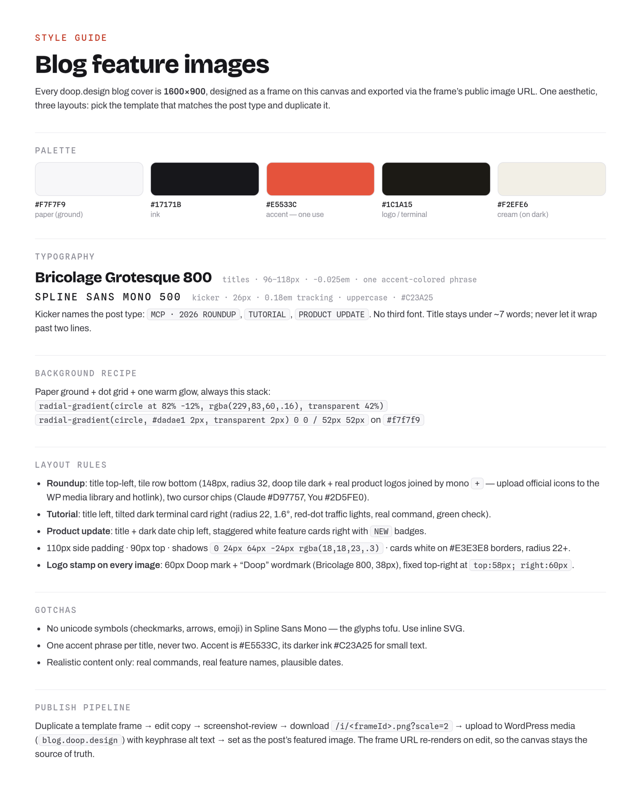 The feature-image style guide pinned on the Doop canvas: palette, typography, background recipe and layout rules