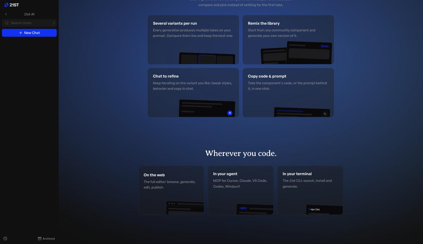 21st AI generating several UI component variants per run with chat refinement and MCP support