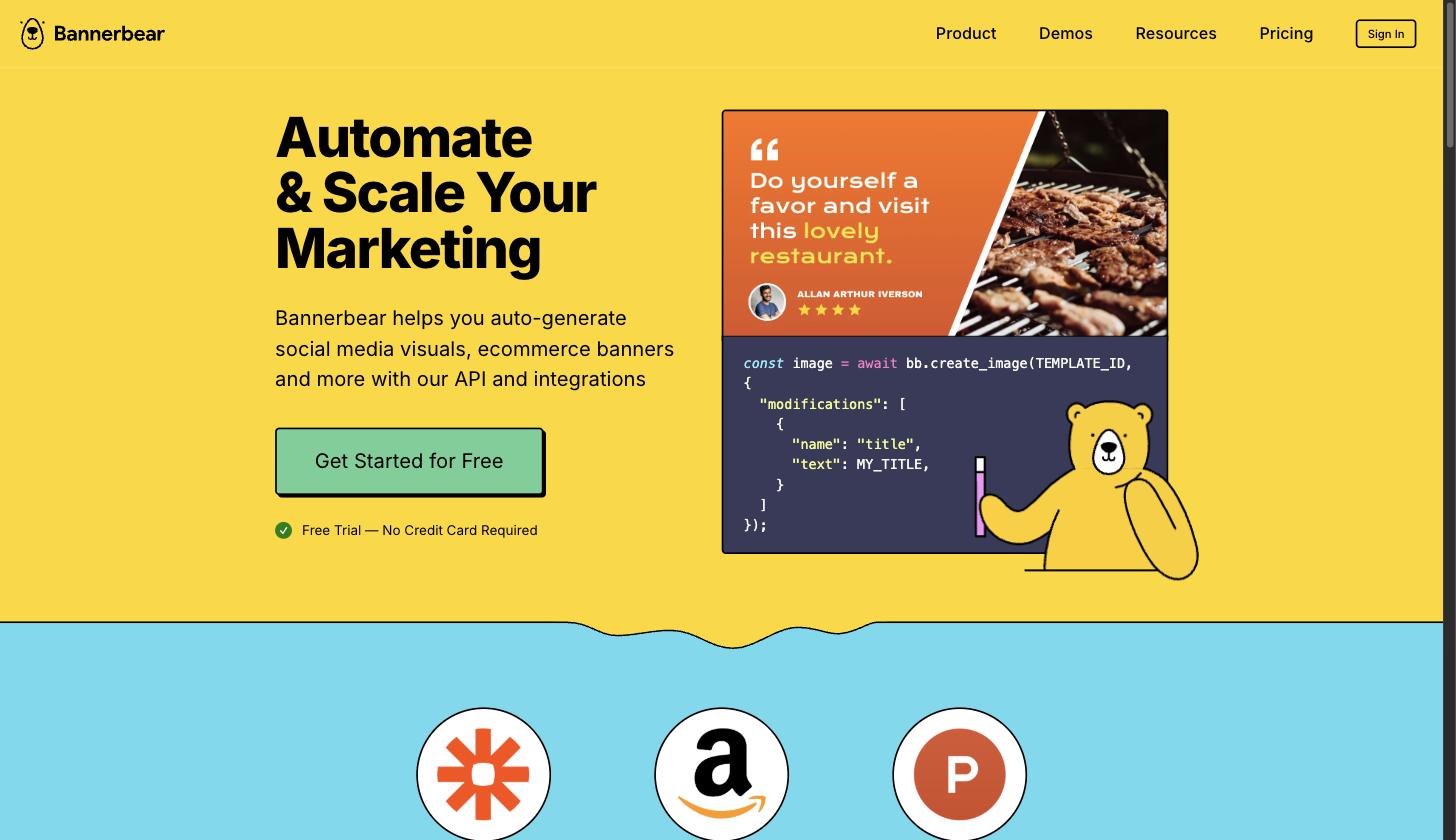 Bannerbear homepage showing its template plus modifications API for automated image generation