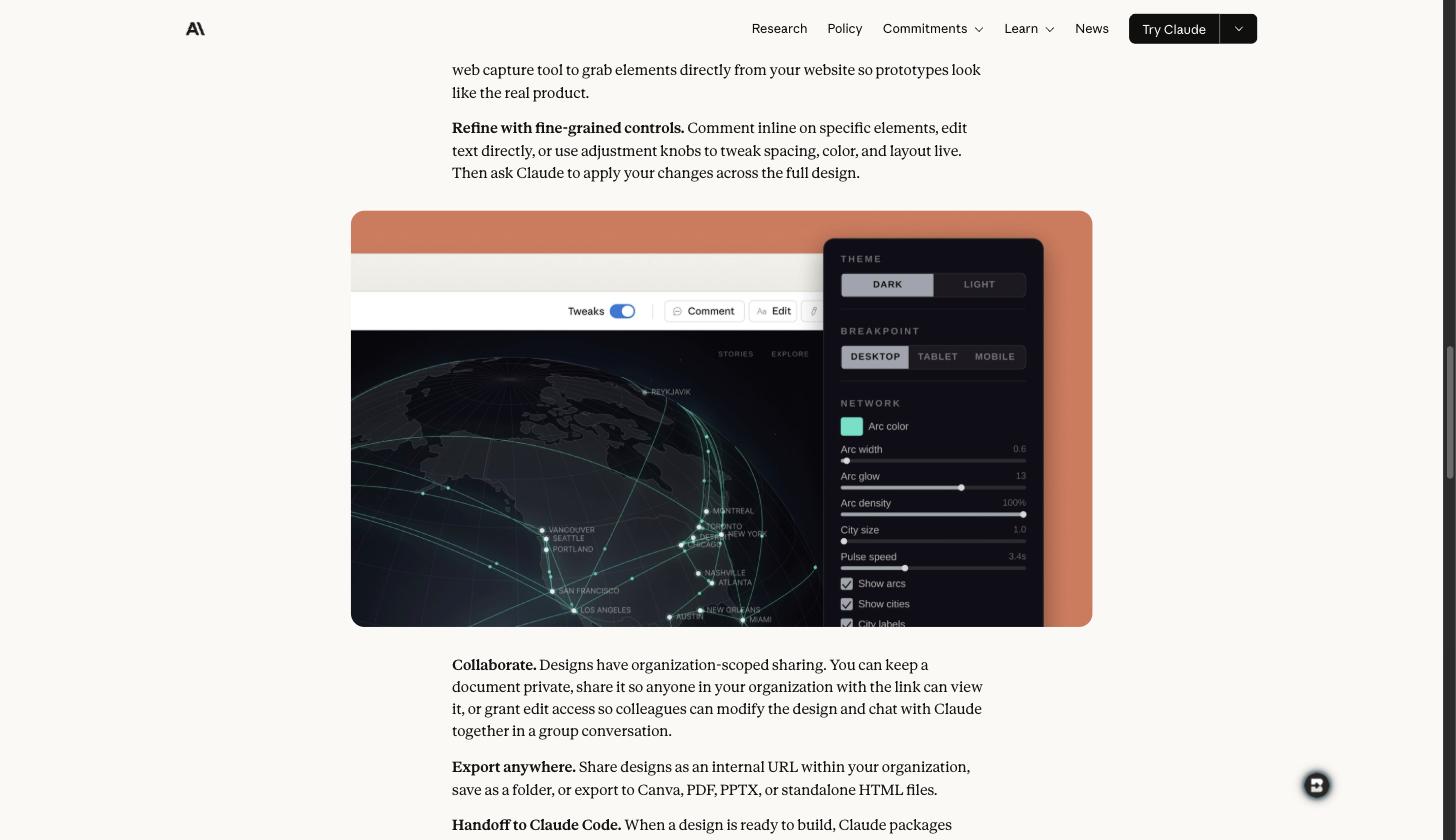Claude Design with inline tweaks, theme and breakpoint controls over a live prototype