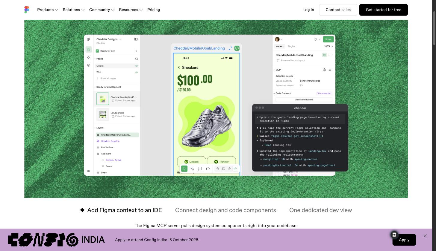 Figma Dev Mode with the MCP panel connected and an agent implementing the selected frame in code