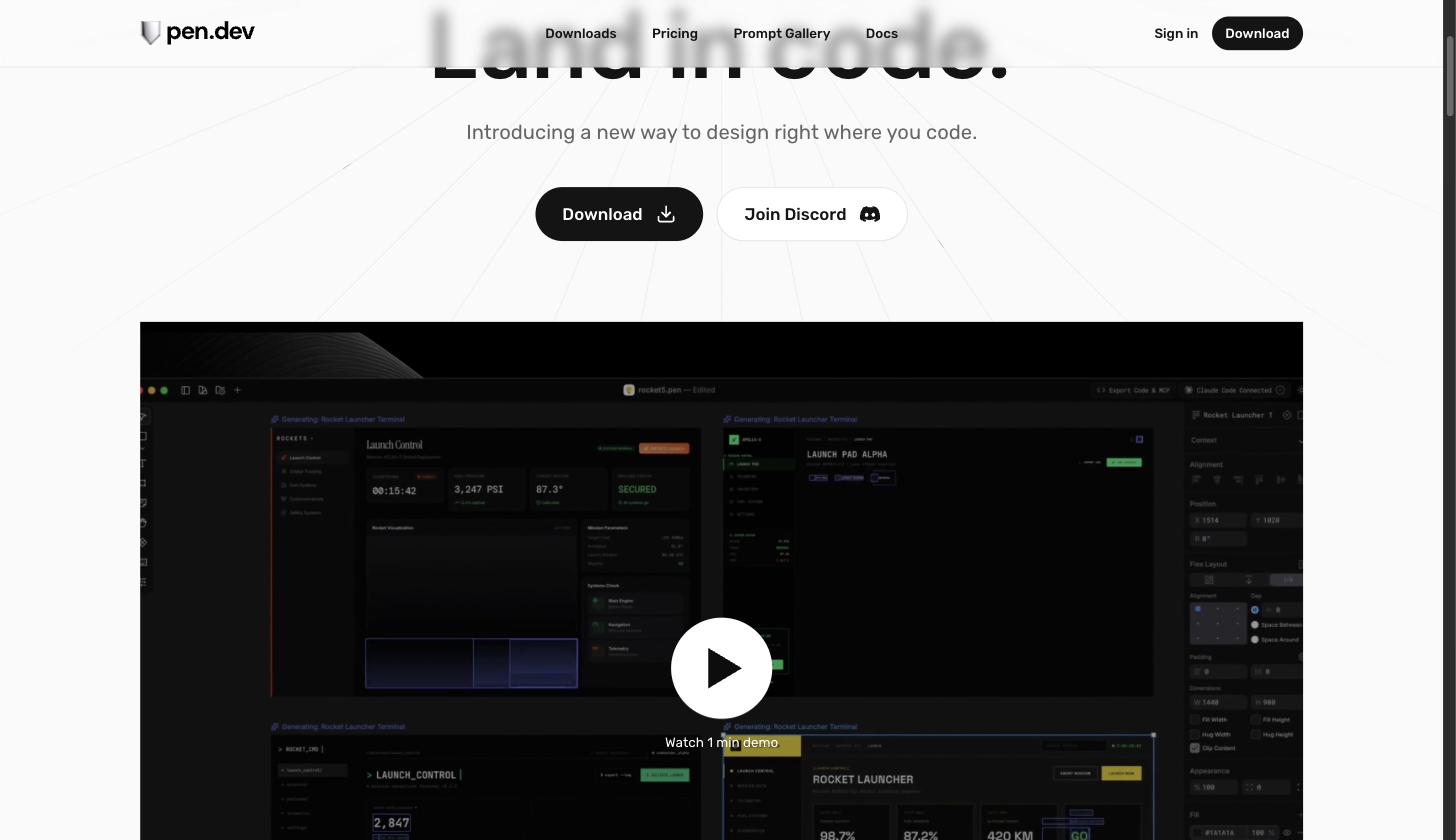 The pen.dev Pencil editor with Claude Code connected generating a dashboard