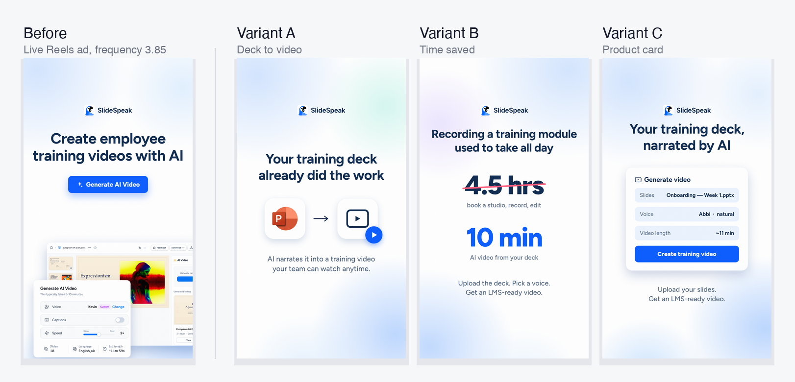 Before and after: the fatigued L&D vertical ad beside three agent-designed variants on the Doop canvas