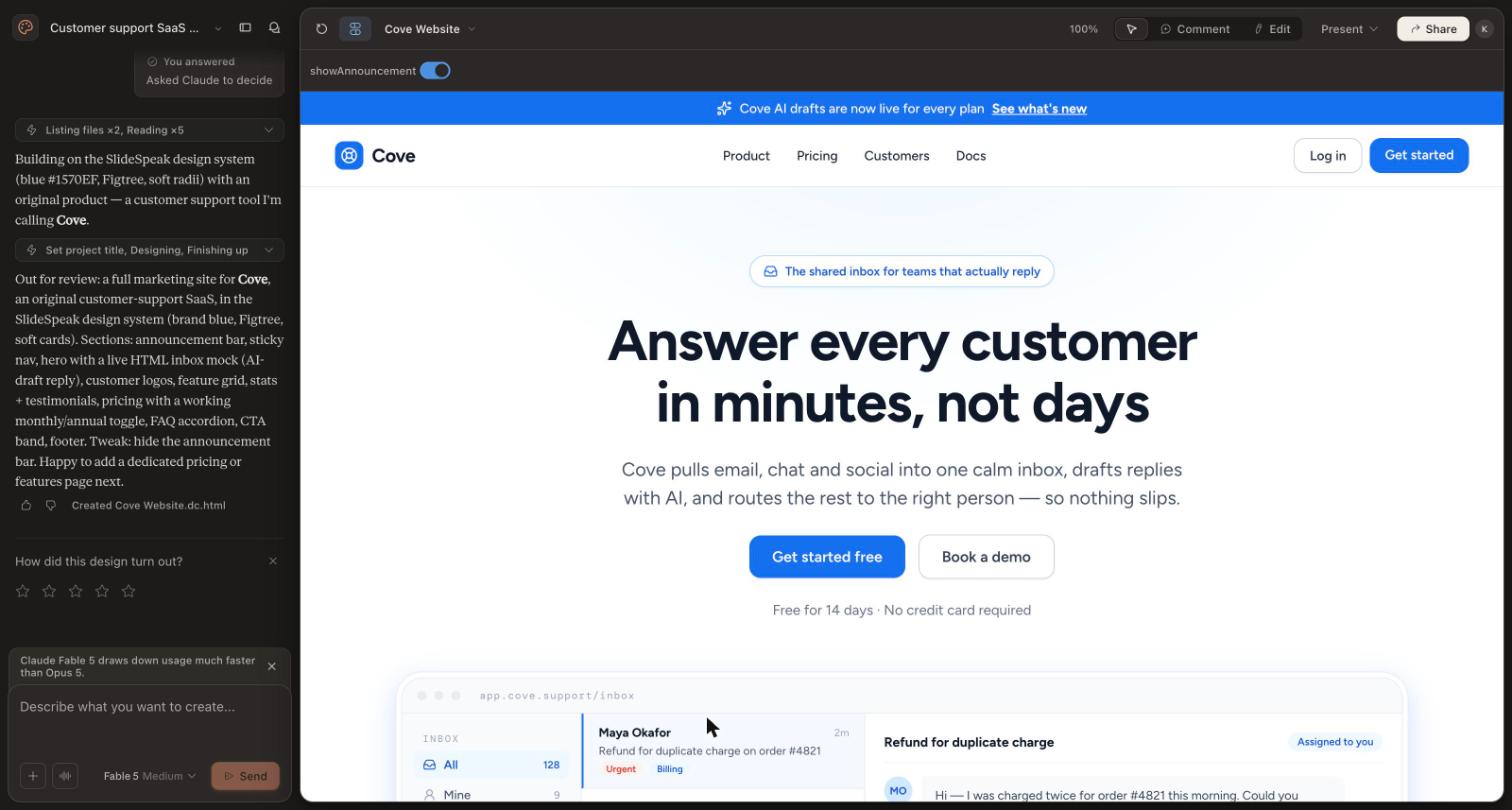 Claude Design output: the Cove customer support website generated from one prompt, styled in the workspace design system