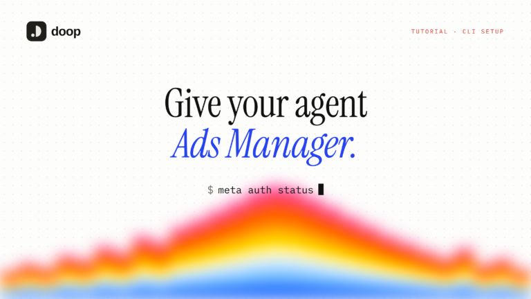 Meta Ads CLI setup: cover with the title Give your agent Ads Manager and a meta auth status prompt