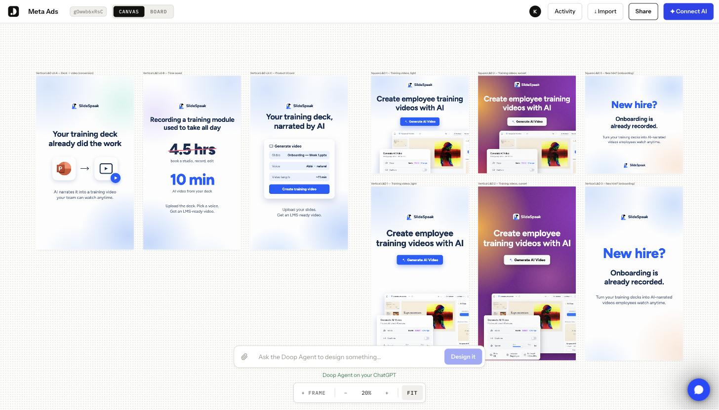 Doop canvas with SlideSpeak L&D Meta ad frames: three agent-designed vertical variants beside the original square and vertical ads
