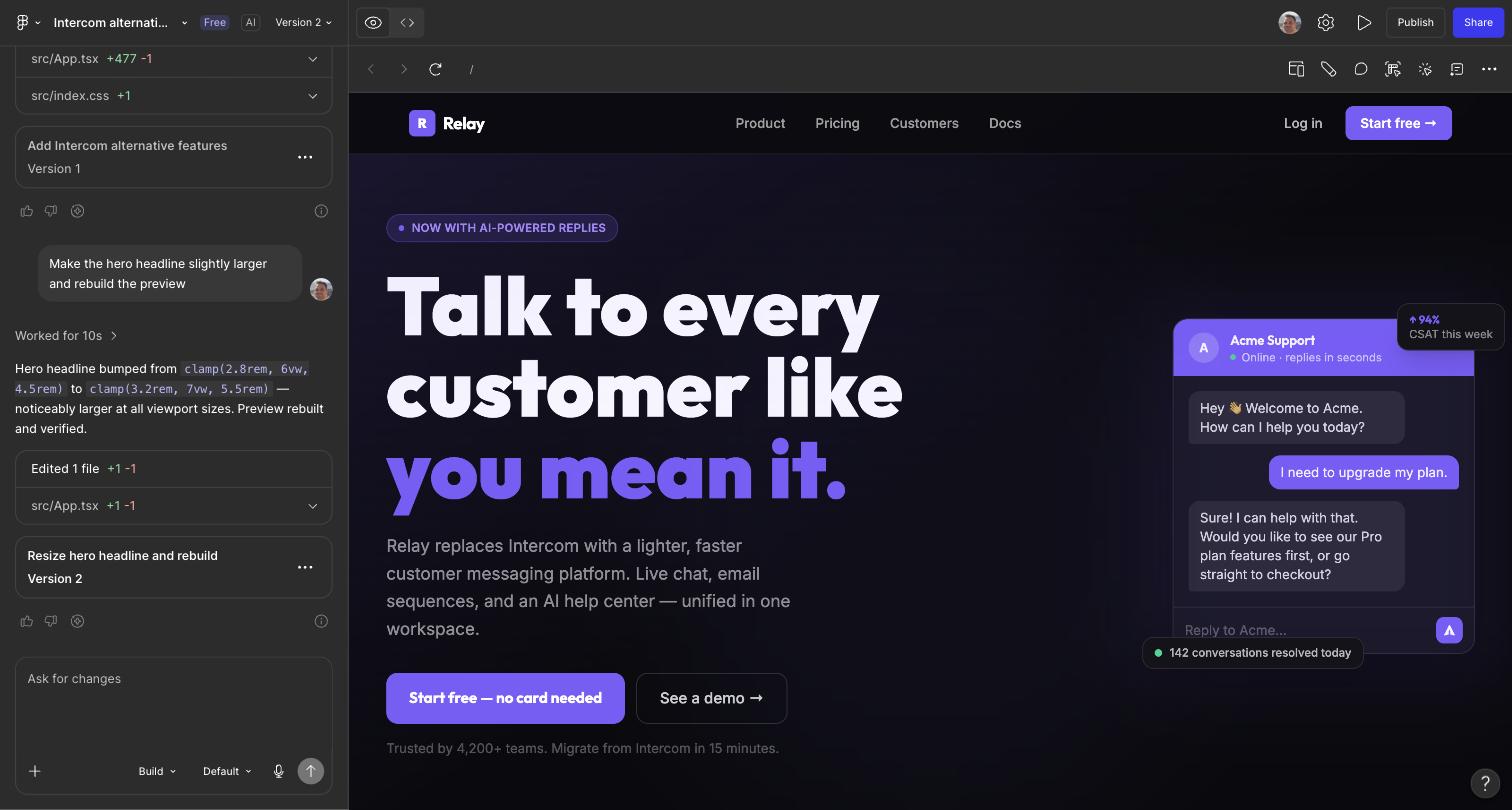 Figma Make result: another Relay, a customer messaging site built as a working app inside Figma with the chat history on the left