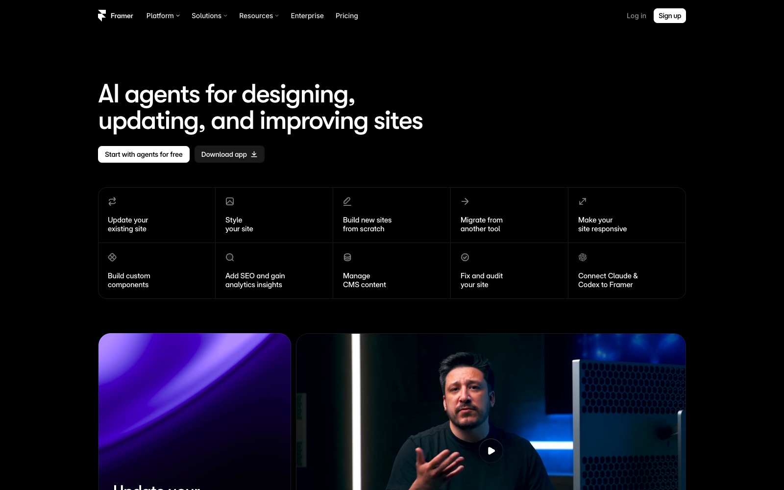 Framer Agents page: AI agents for designing, updating and improving sites, with a native Claude Code and Codex connection
