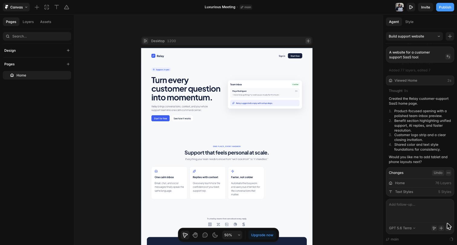 Framer agent result: a fourth Relay, a customer support home page built as editable Framer layers with the agent log on the right