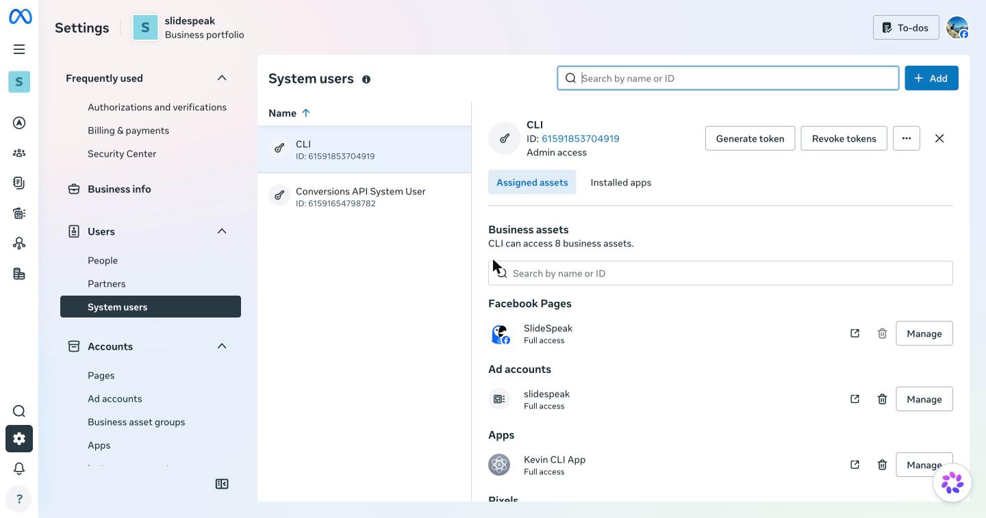 Meta Business Settings system users page with the CLI system user and Generate token button