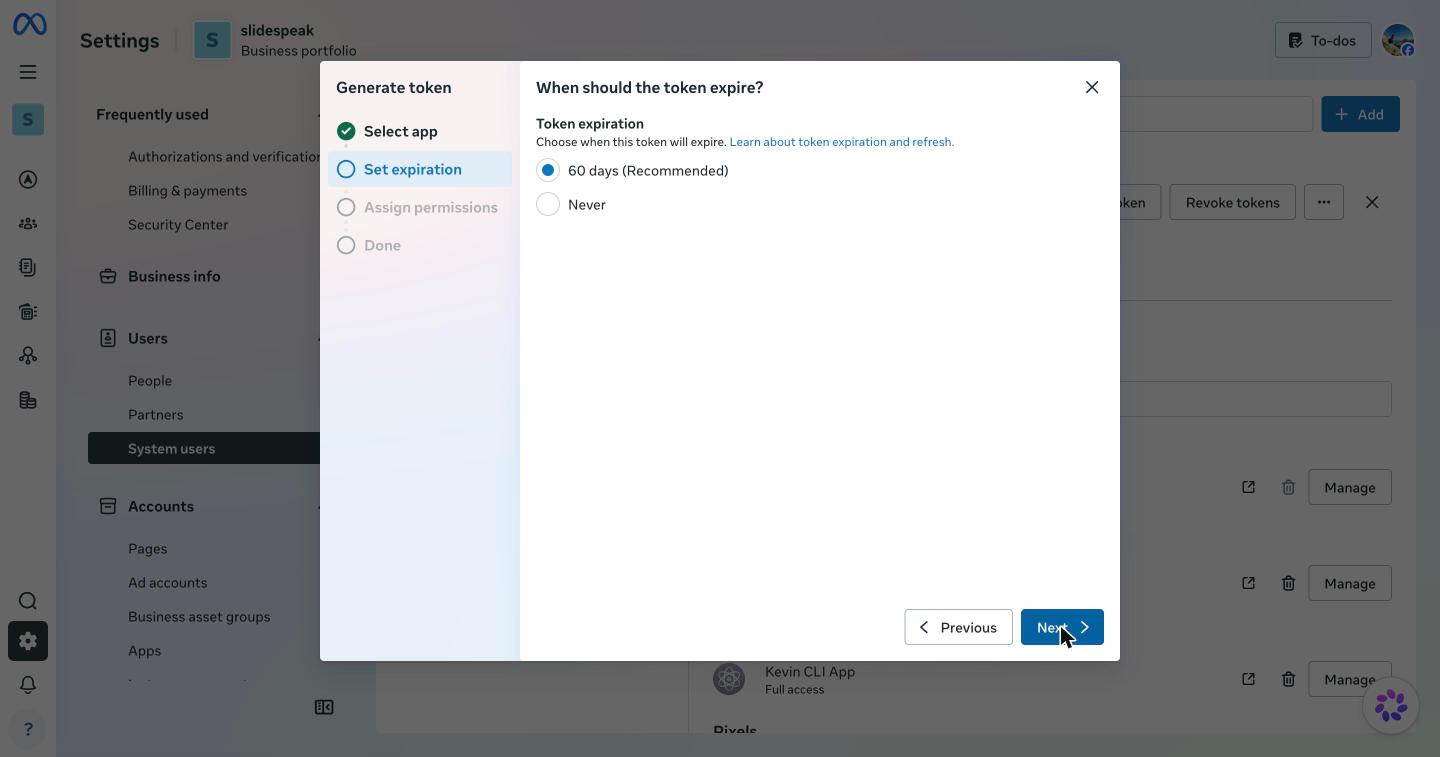 Generate token dialog asking when the Meta Ads CLI token should expire
