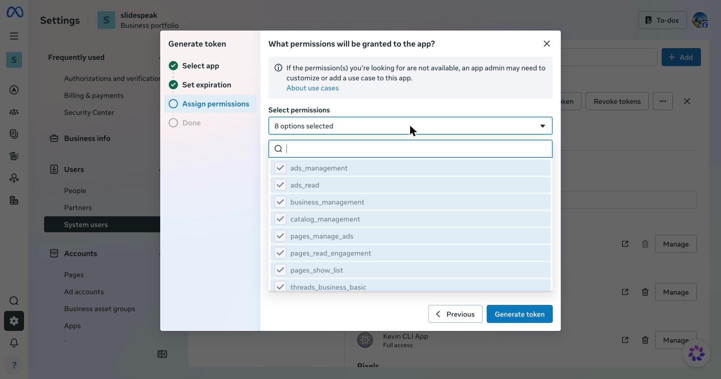 Generate token dialog listing ads_management and ads_read permissions for the Meta Ads CLI