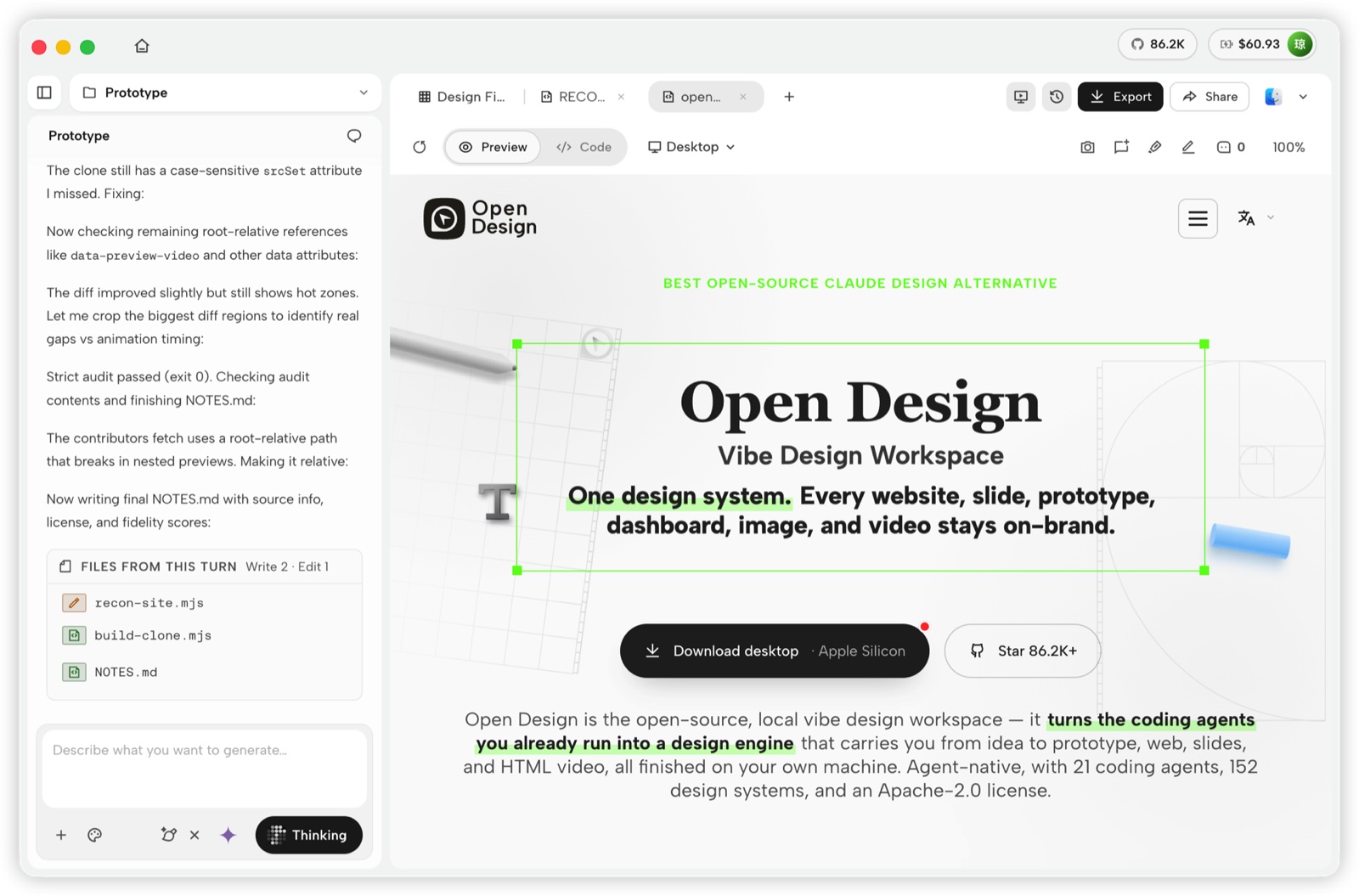 OpenDesign Studio: a local coding agent iterates on a web prototype with files written to disk