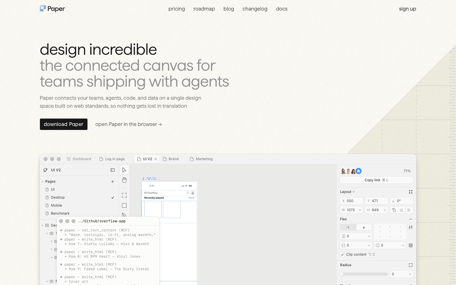 Paper canvas with an agent writing artboard content over MCP tool calls