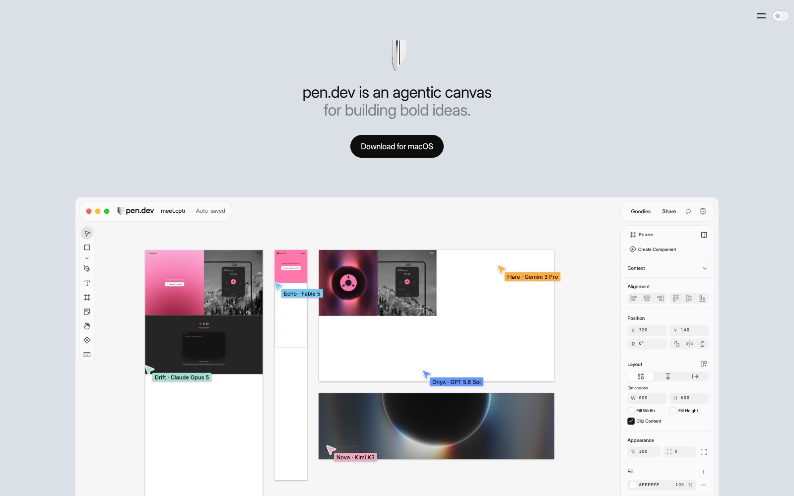 Pen (pen.dev) canvas with five agents on different models working side by side on one design file