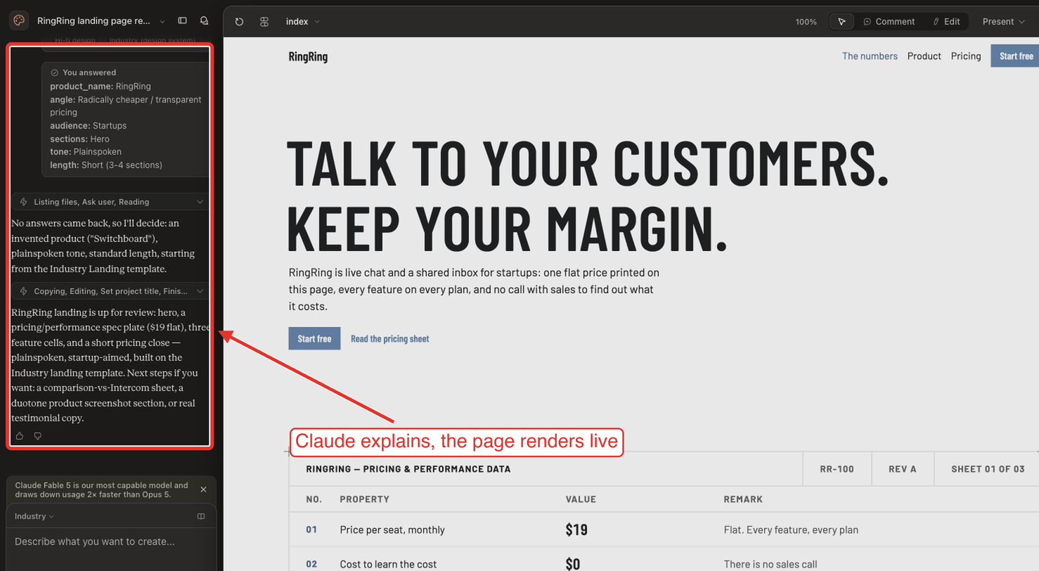 Claude Design in use: the chat on the left narrates what Claude built while the generated landing page renders on the right