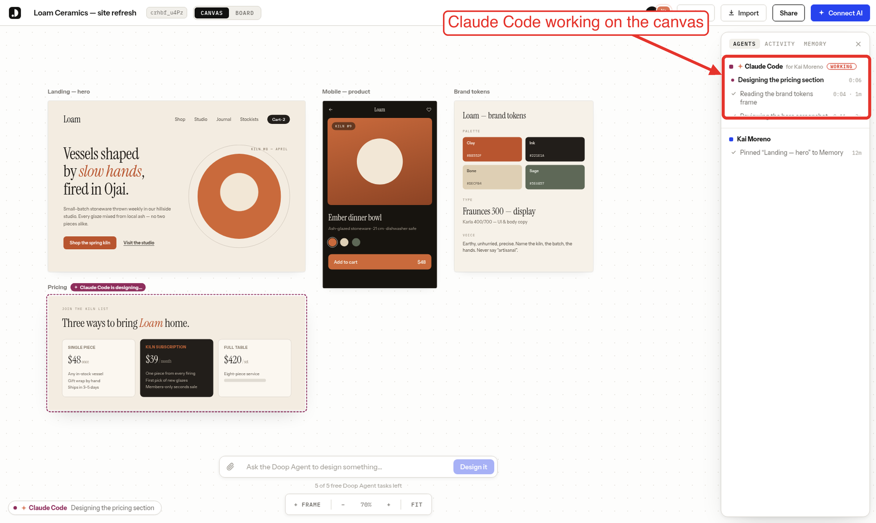 Doop, an open-source Google Stitch alternative, in use: Claude Code connected over MCP designing a pricing section on the canvas