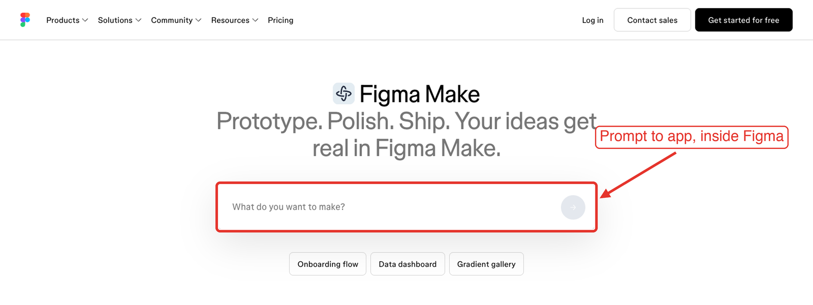 Figma Make prompt screen: describe what you want to make and get a working prototype inside Figma
