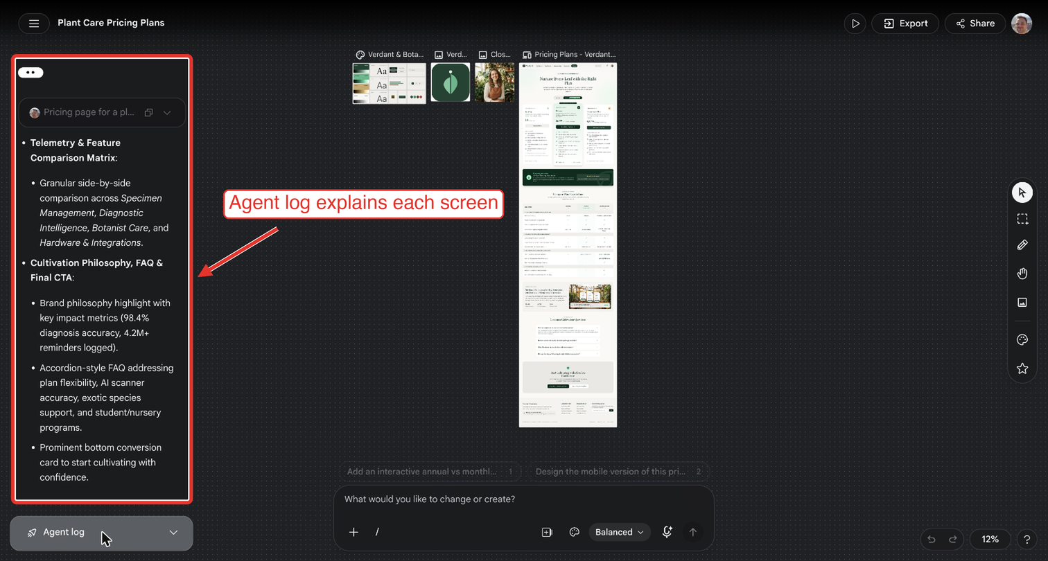 Google Stitch in use: the agent log on the left explains the generated design system, logo, image and pricing page screens on the canvas
