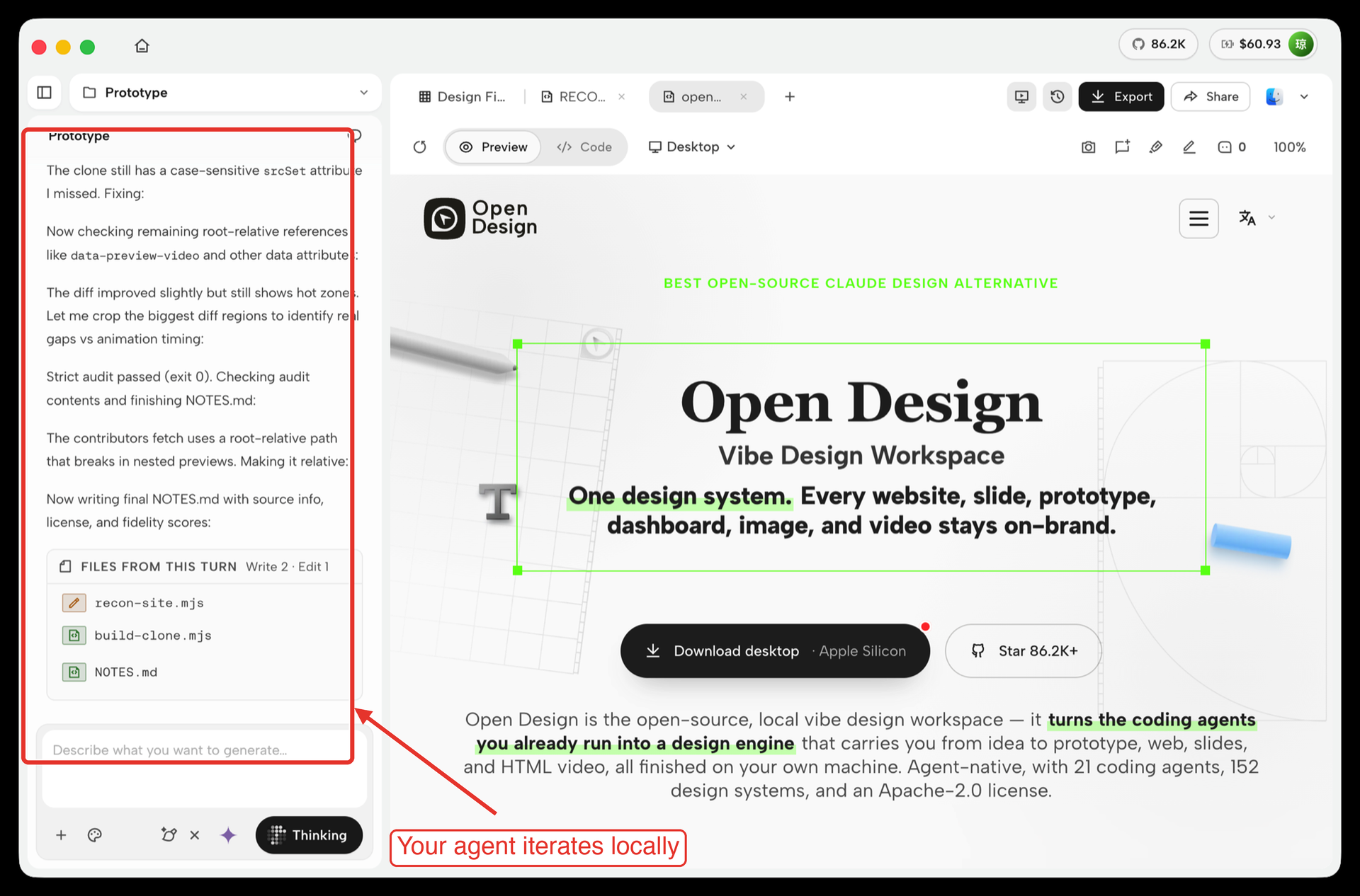 OpenDesign Studio, the open-source local-first Google Stitch alternative, with the coding agent iterating on a web prototype