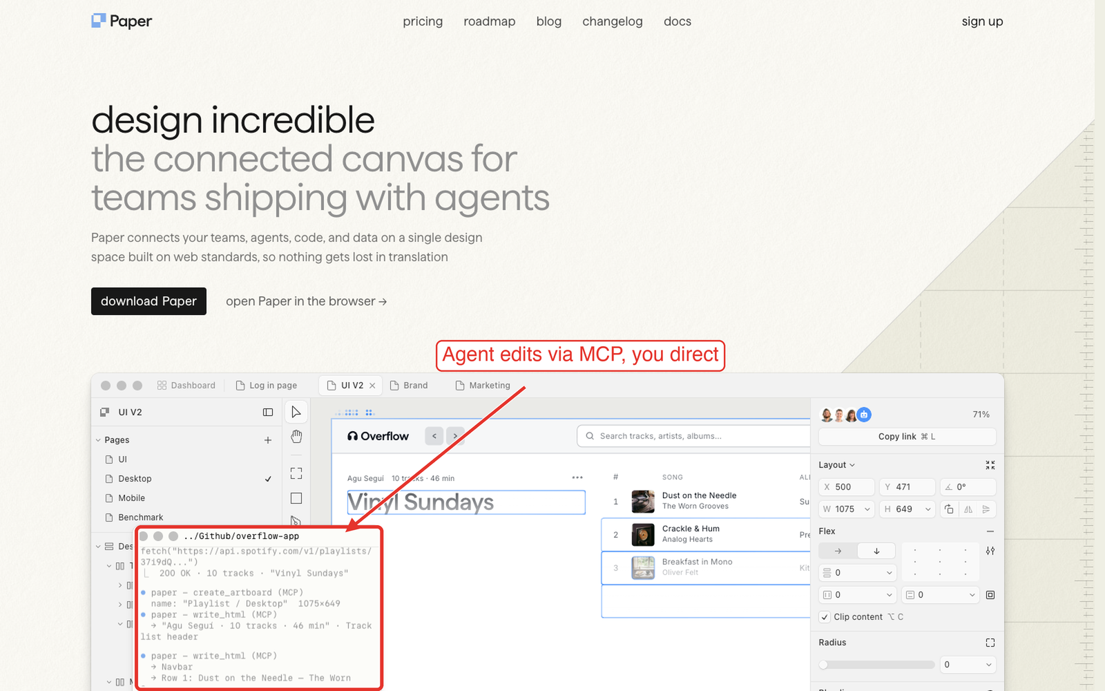 Paper.design homepage showing the canvas editor with an agent editing the design over MCP