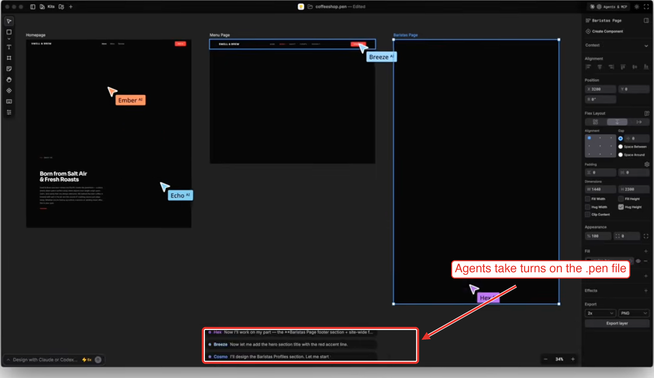 Pencil (pen.dev) editor in use: several AI agents taking turns editing a .pen design file on the canvas