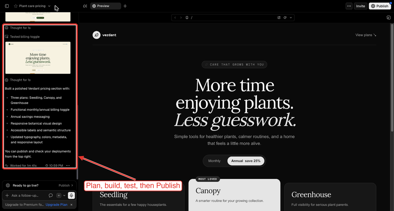 v0 in use: the chat on the left plans and tests a pricing section while the generated React page renders in the preview