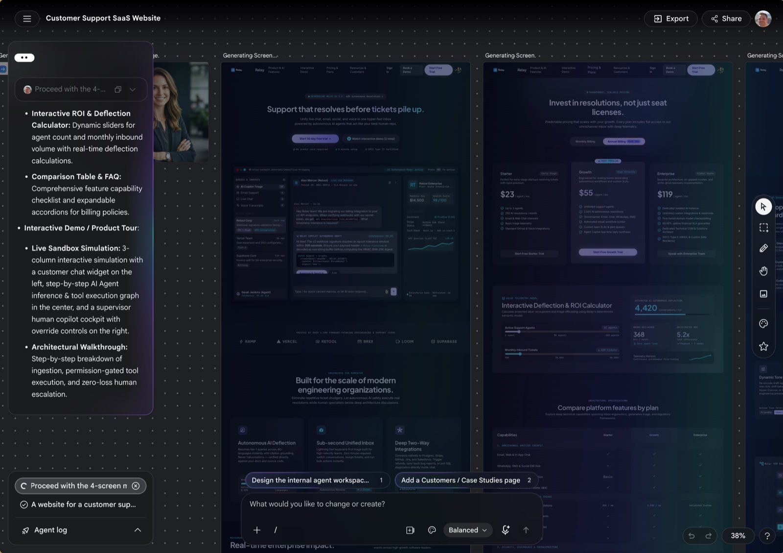 Google Stitch generating multiple screens of a customer support website on its canvas with the agent log open