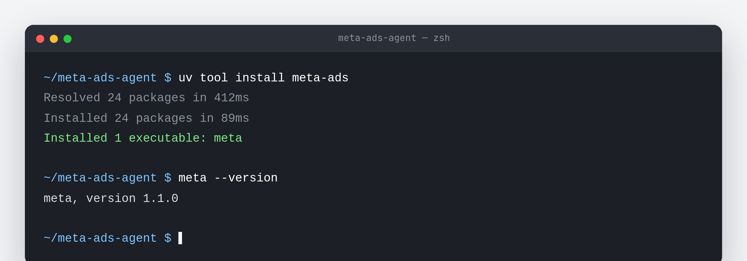 Terminal showing uv tool install meta-ads and meta --version output
