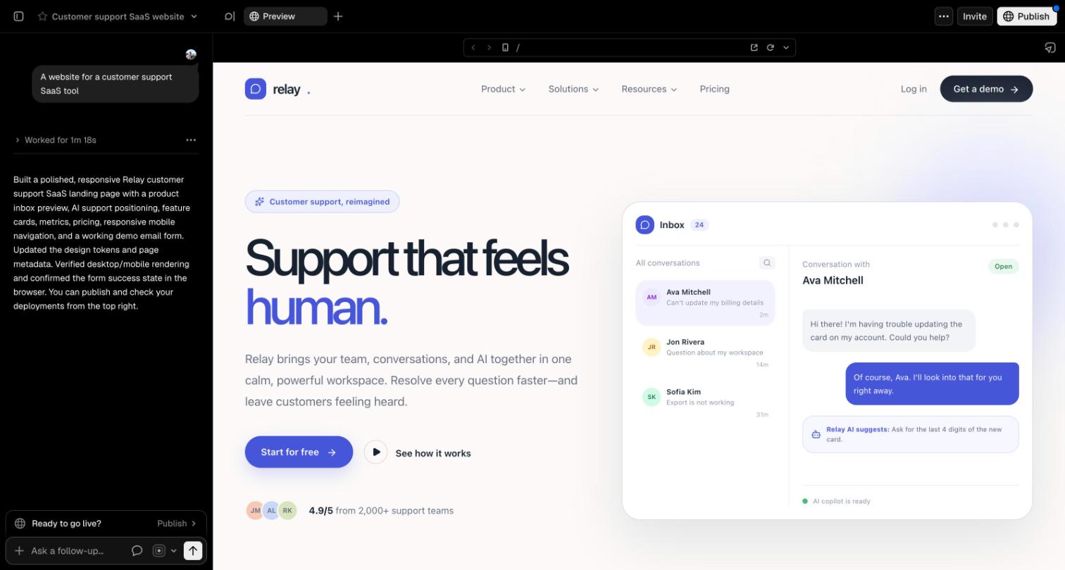 v0 result: a React customer support landing page named Relay, with the agent chat on the left and preview on the right