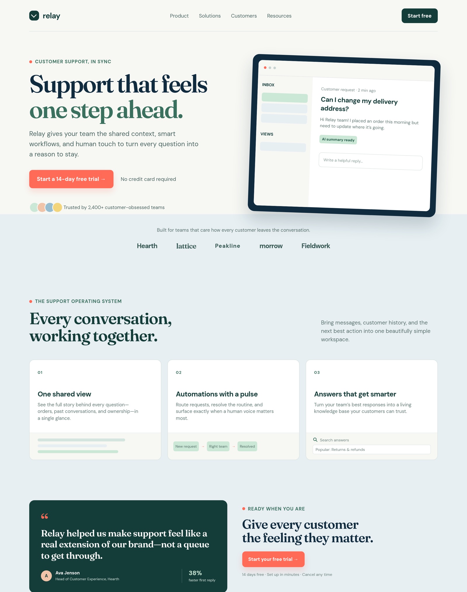 The Relay landing page after the AI design review: broken search icon and clipped input in card 03 repaired