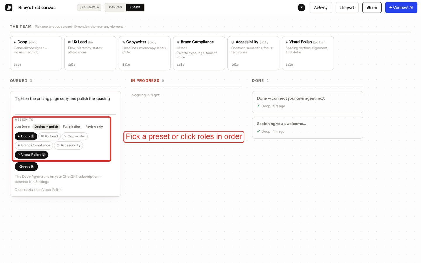 The new card composer with a brief filled in and the pipeline picker highlighted, showing Doop first and Visual Polish second