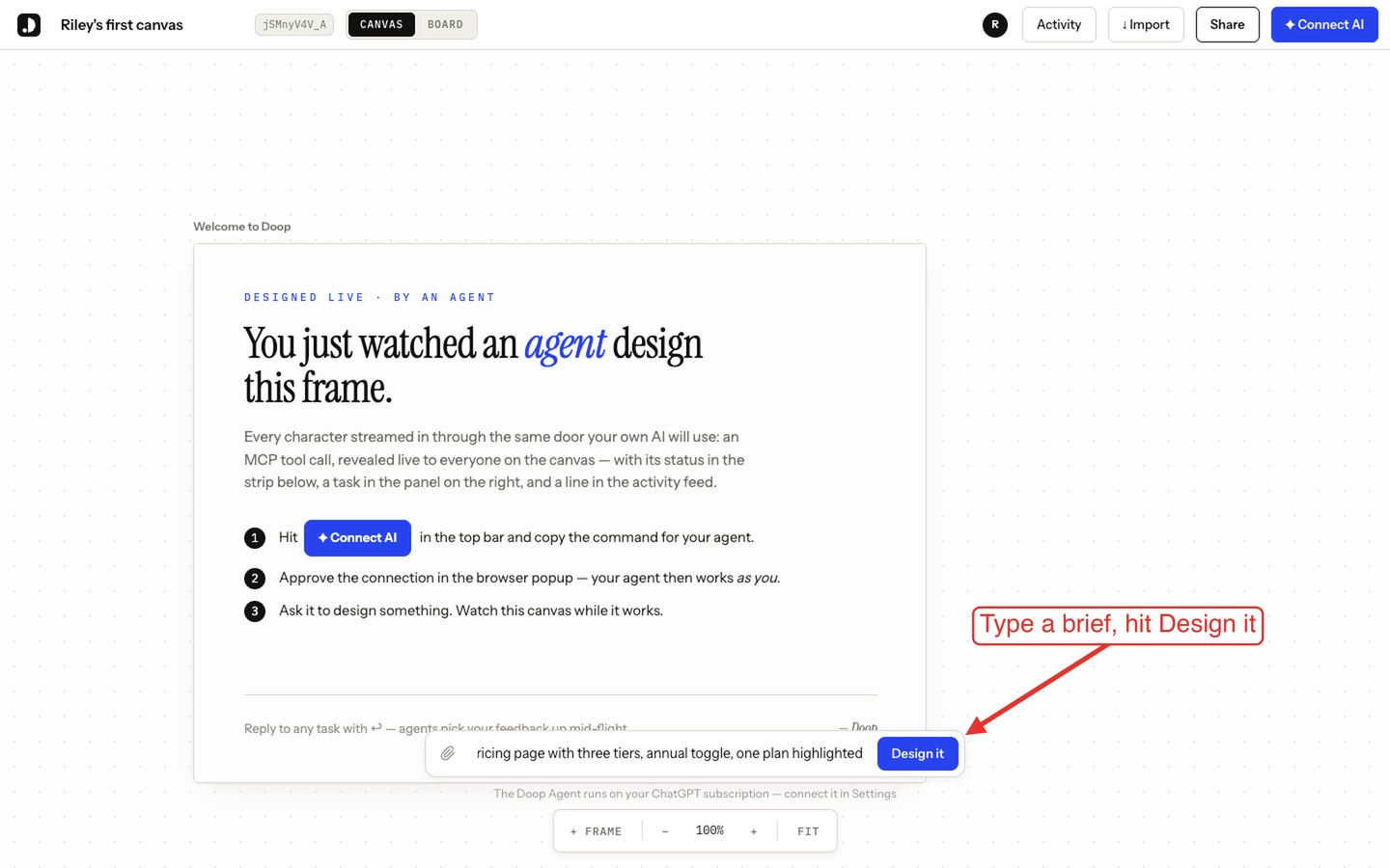 A Doop canvas with a brief typed into the prompt box and an arrow pointing at the Design it button