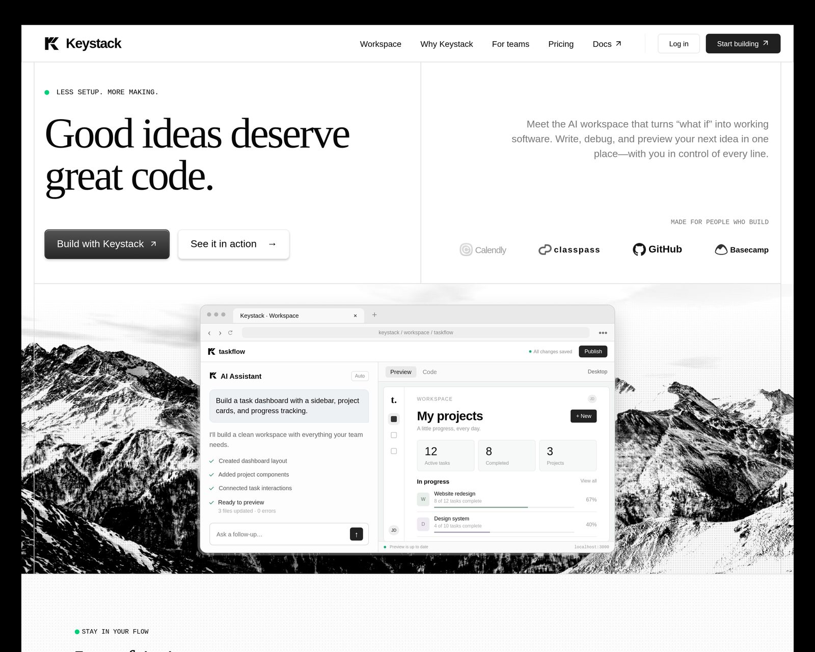 A SaaS landing page hero with a generated monochrome mountain range behind a product screenshot, headline and buttons above it