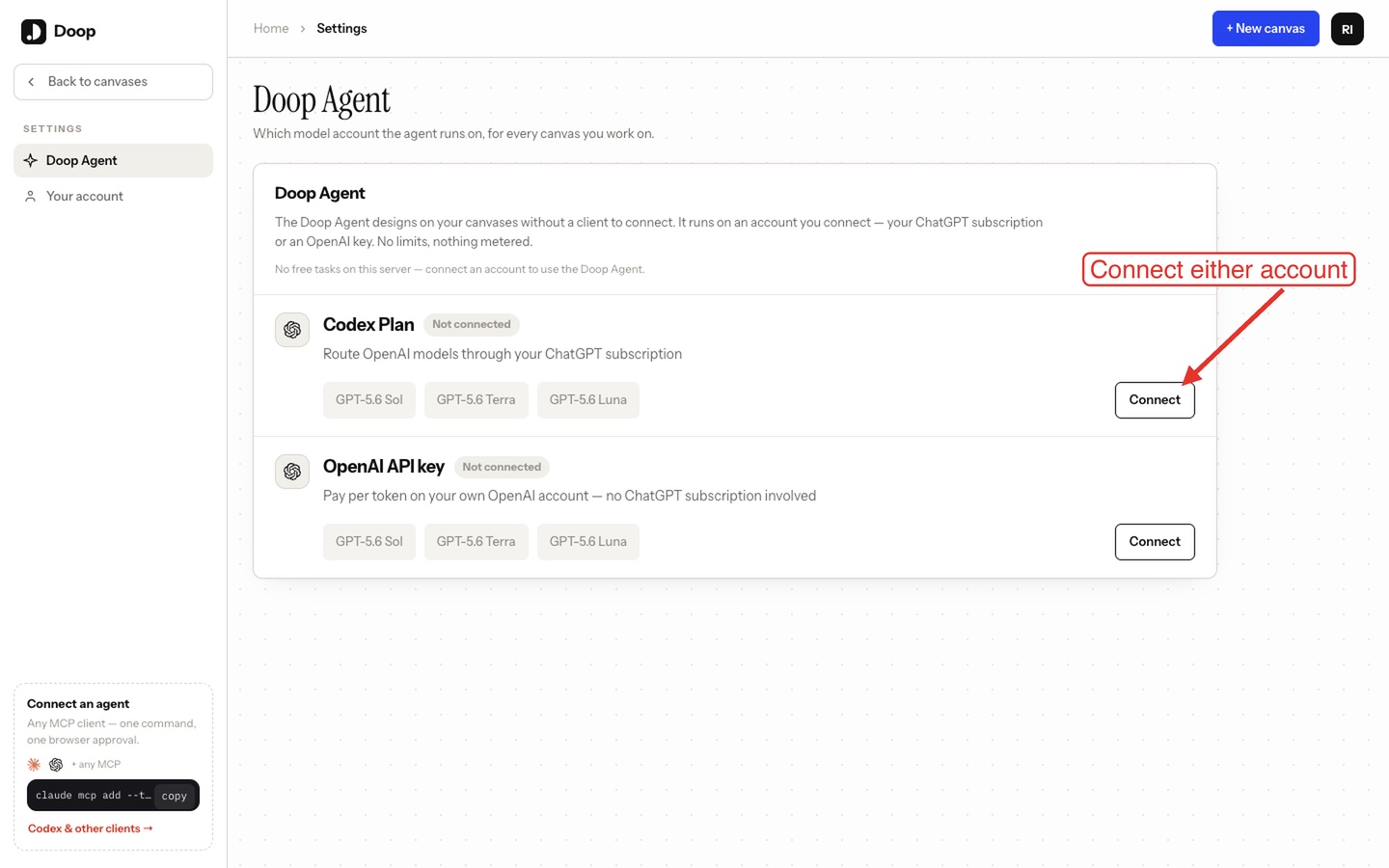 The Doop Agent page in Settings with Codex Plan and OpenAI API key rows and an arrow pointing at the Connect button