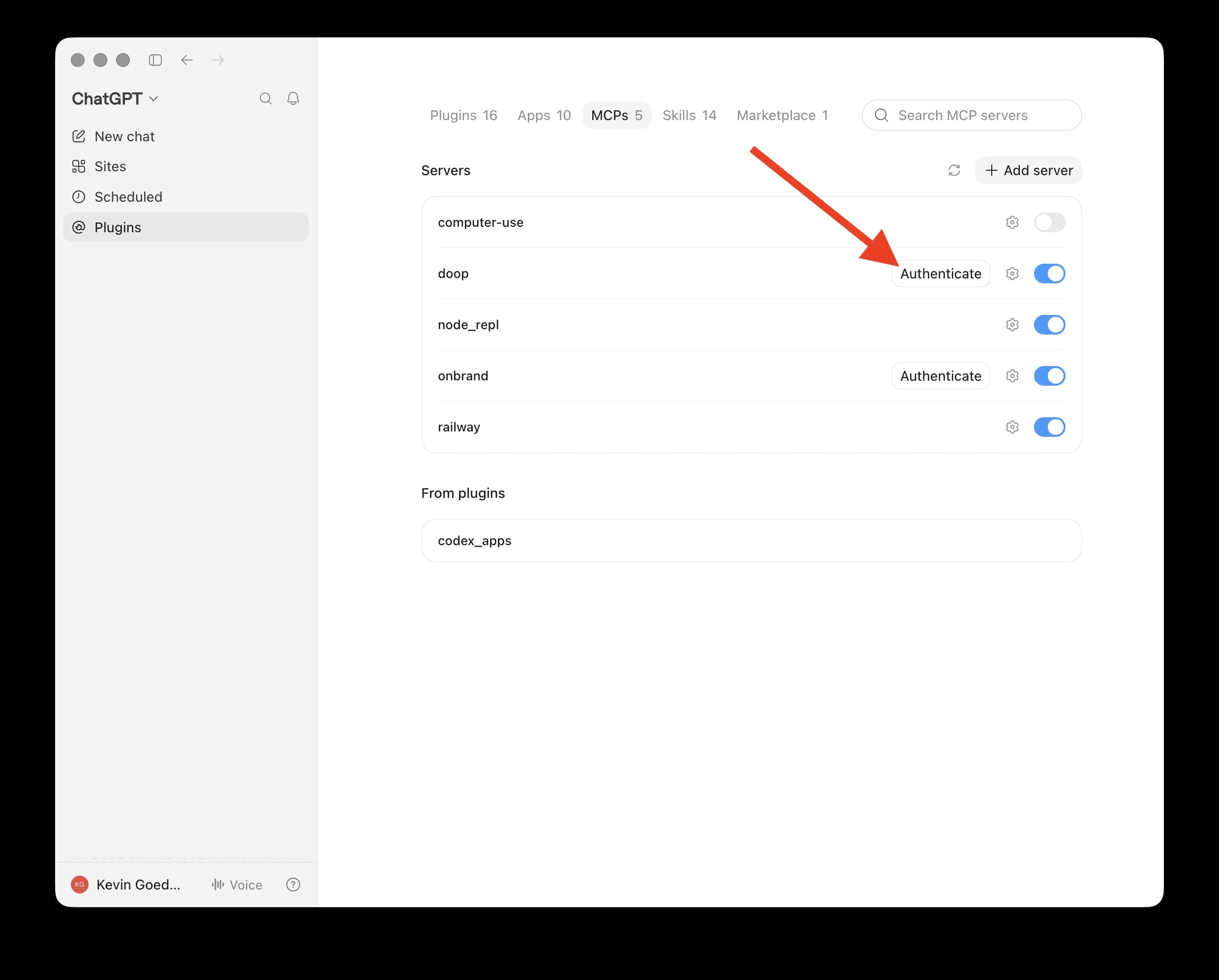 The MCP server list with an arrow pointing to the Authenticate button next to doop