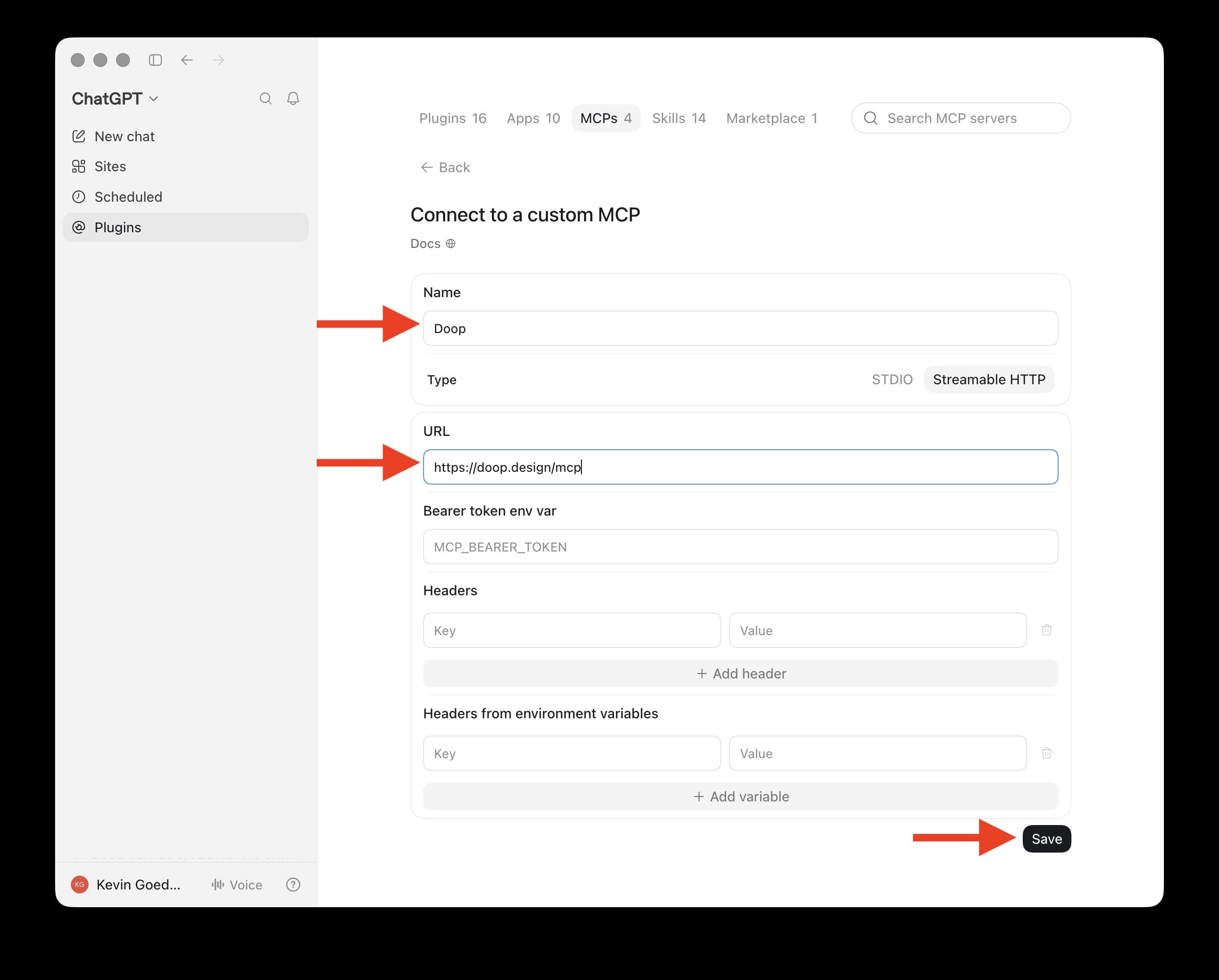 The custom MCP form filled in with the name Doop and the URL https://doop.design/mcp