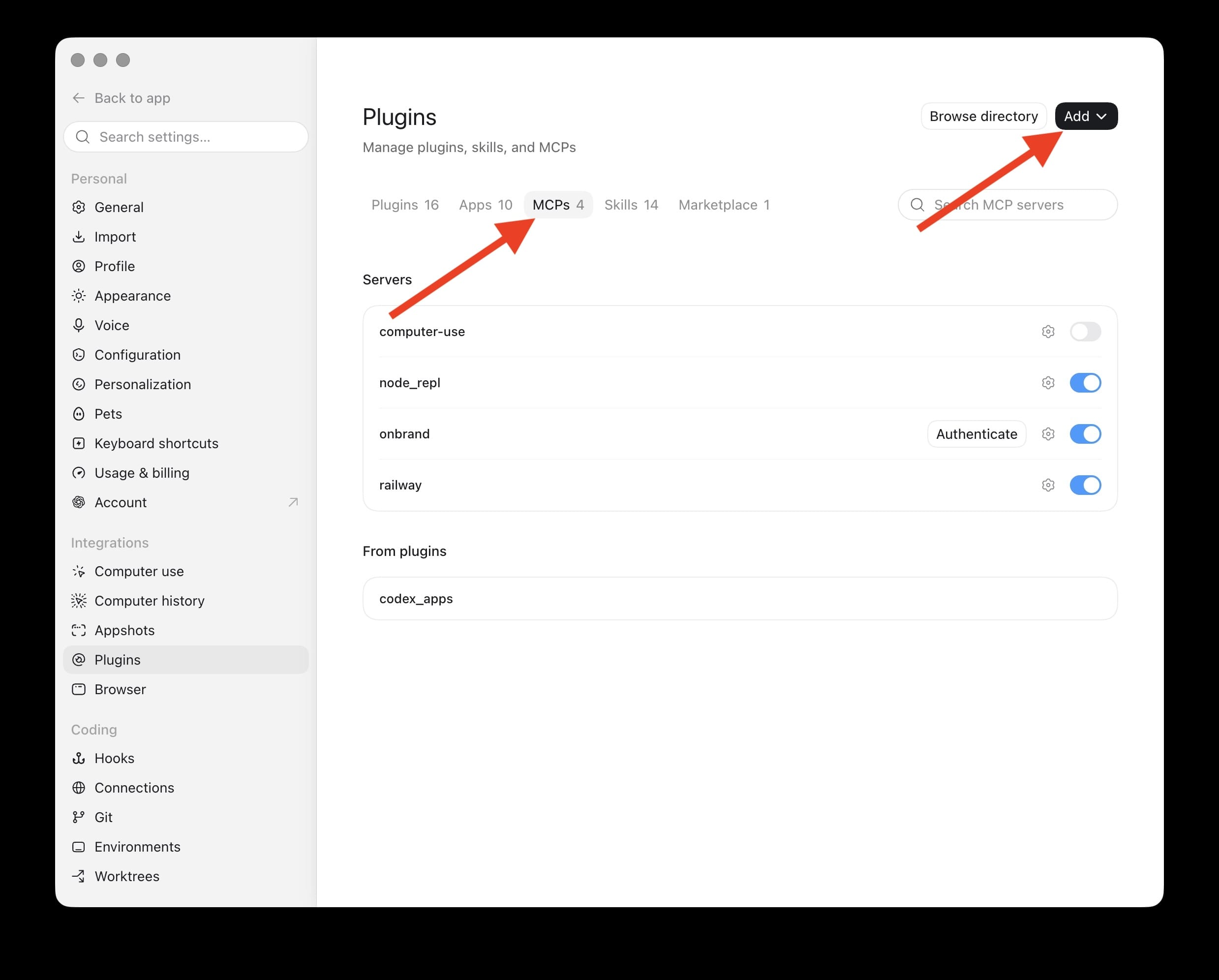 The MCPs tab with arrows pointing to the tab and the Add button