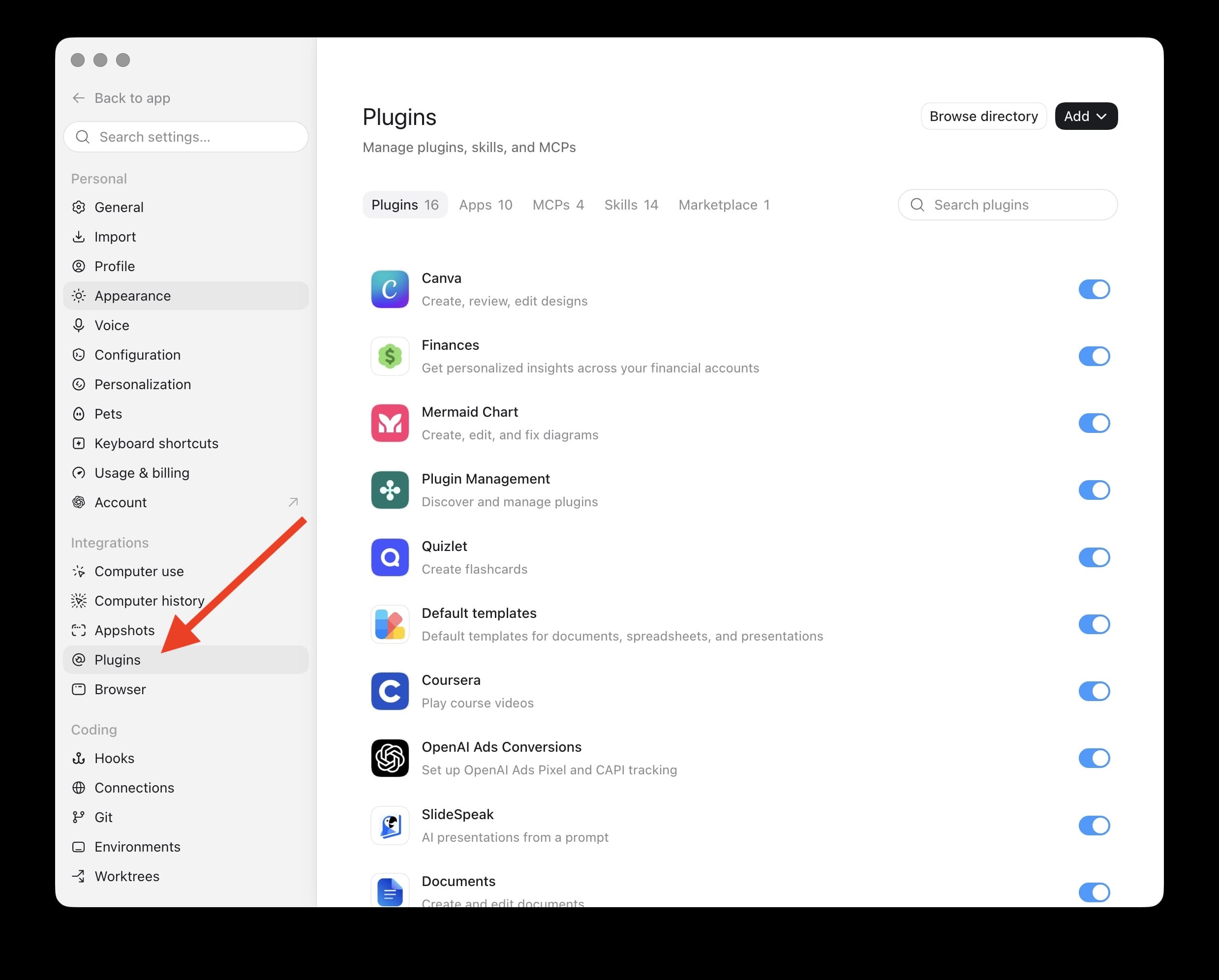The Plugins page in the ChatGPT desktop app