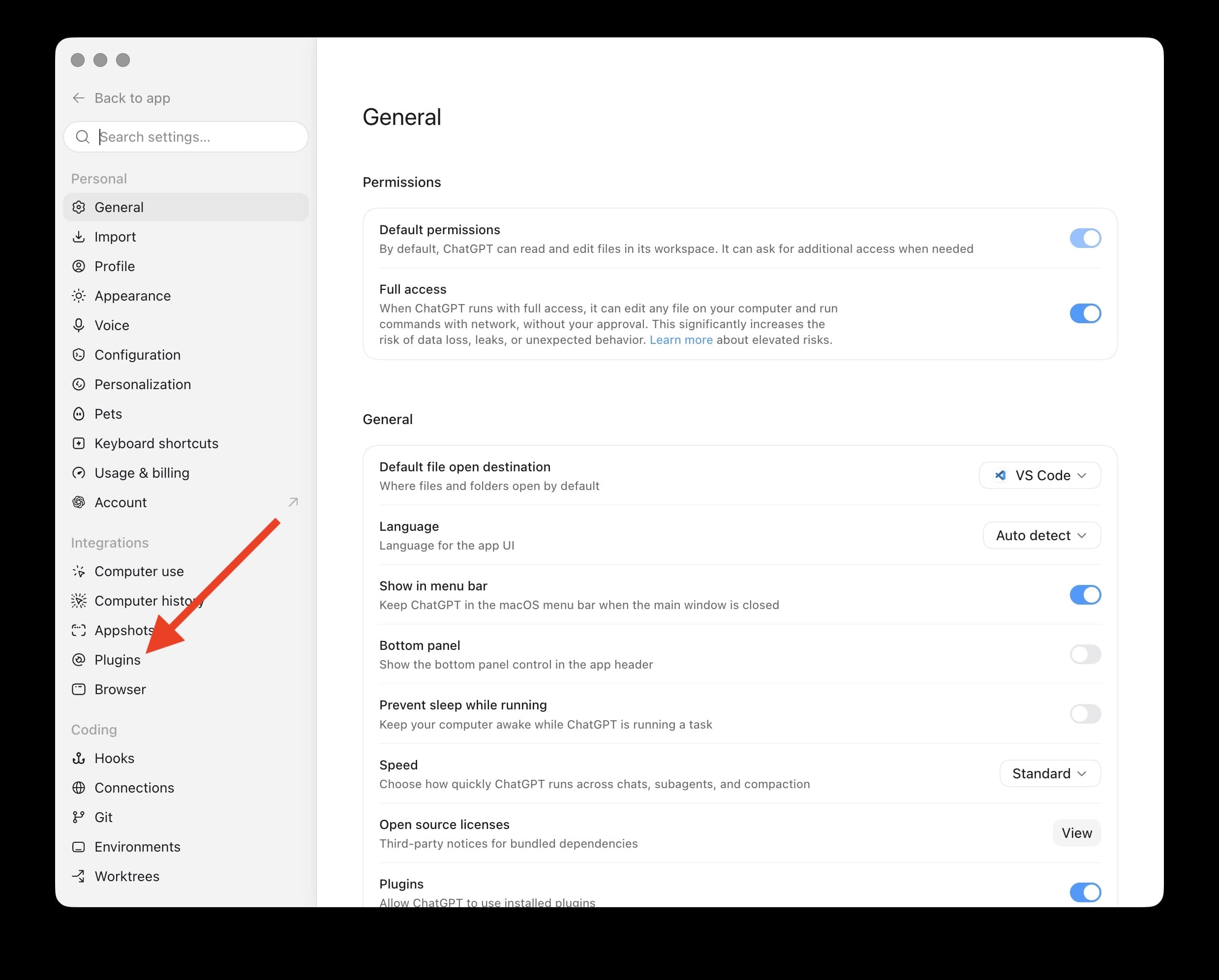 ChatGPT desktop settings with an arrow pointing to Plugins in the sidebar