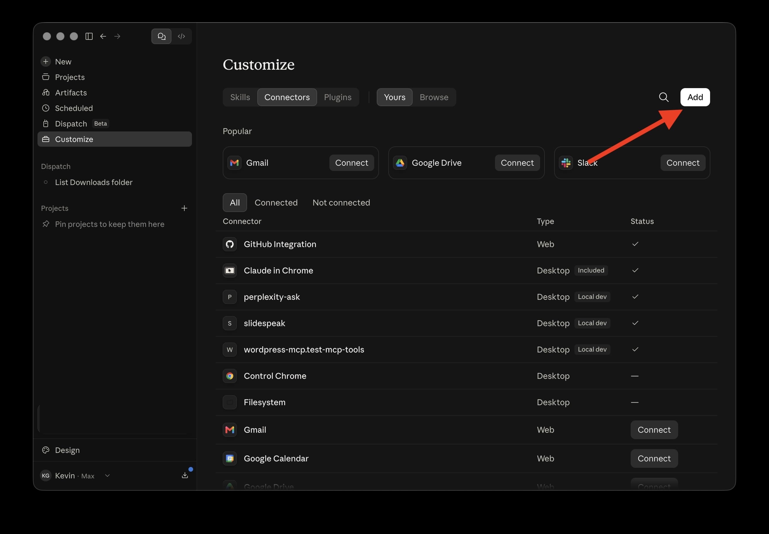 The Connectors list with an arrow pointing to the Add button