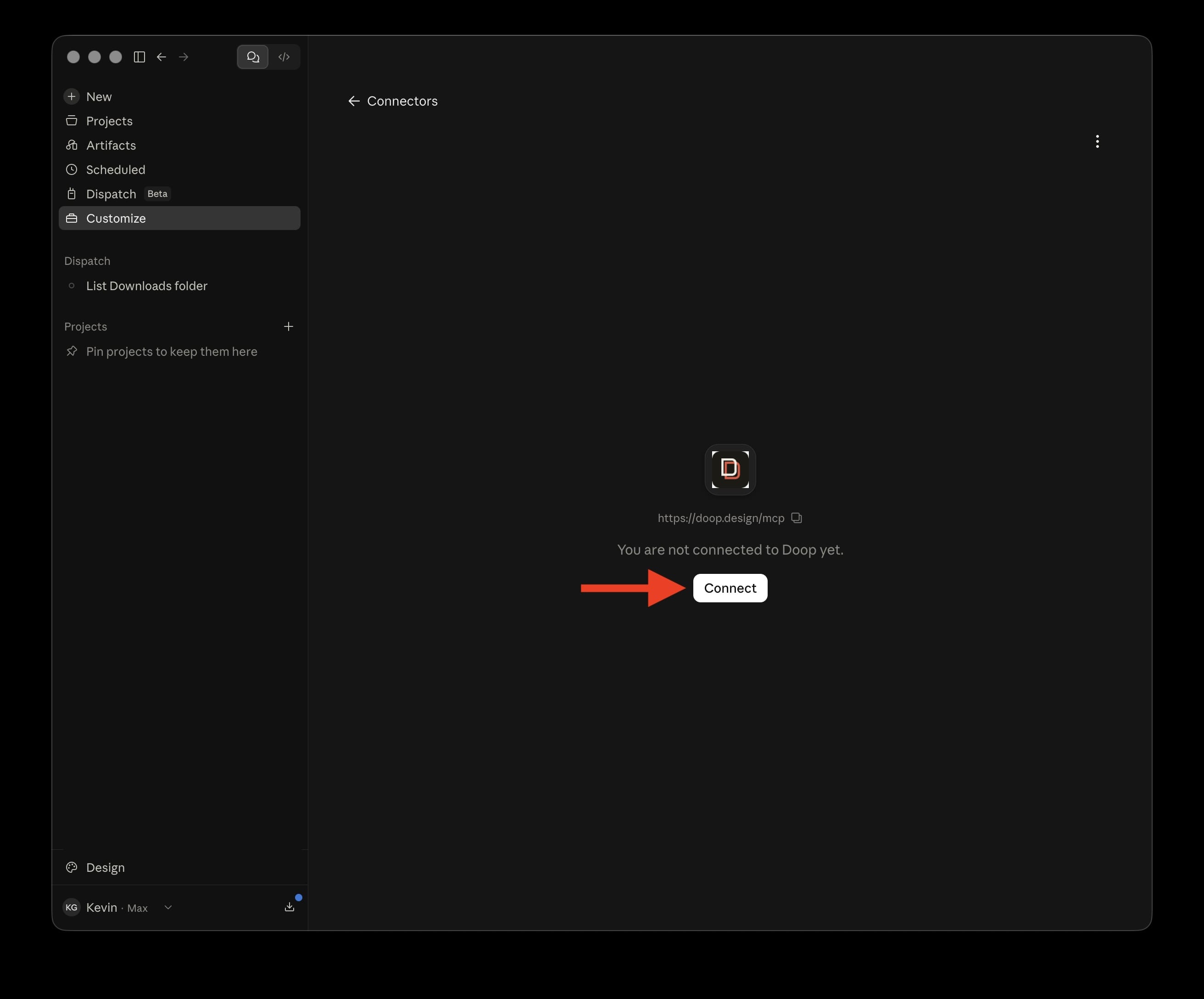 The Doop connector page with an arrow pointing to the Connect button