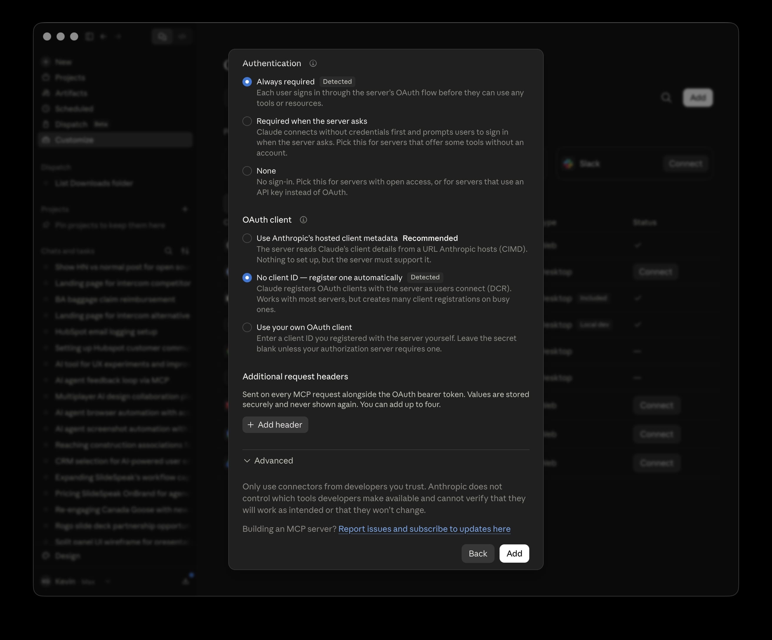 The authentication dialog with OAuth settings auto-detected