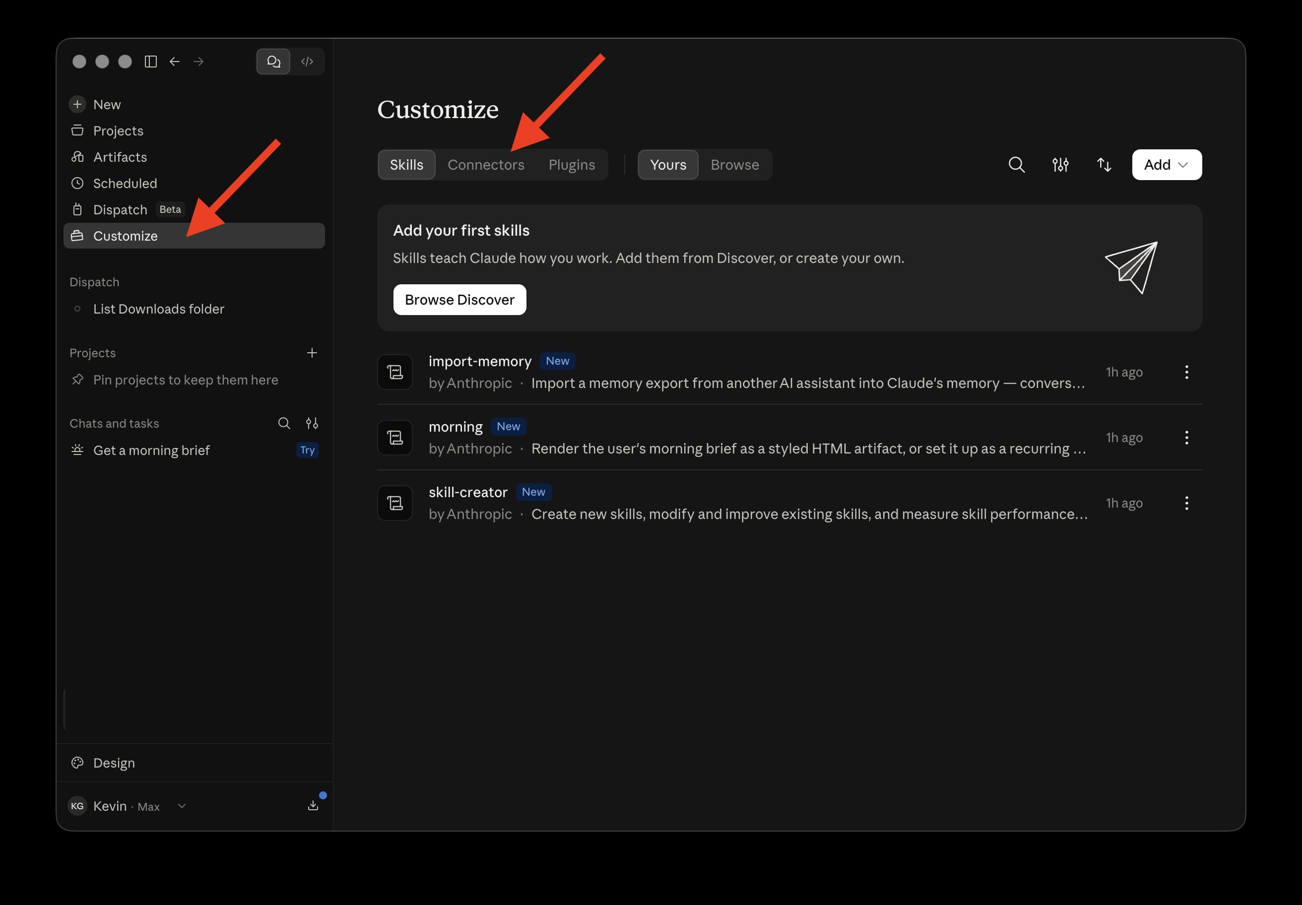The Customize page in Claude Desktop with arrows pointing to Customize in the sidebar and the Connectors tab