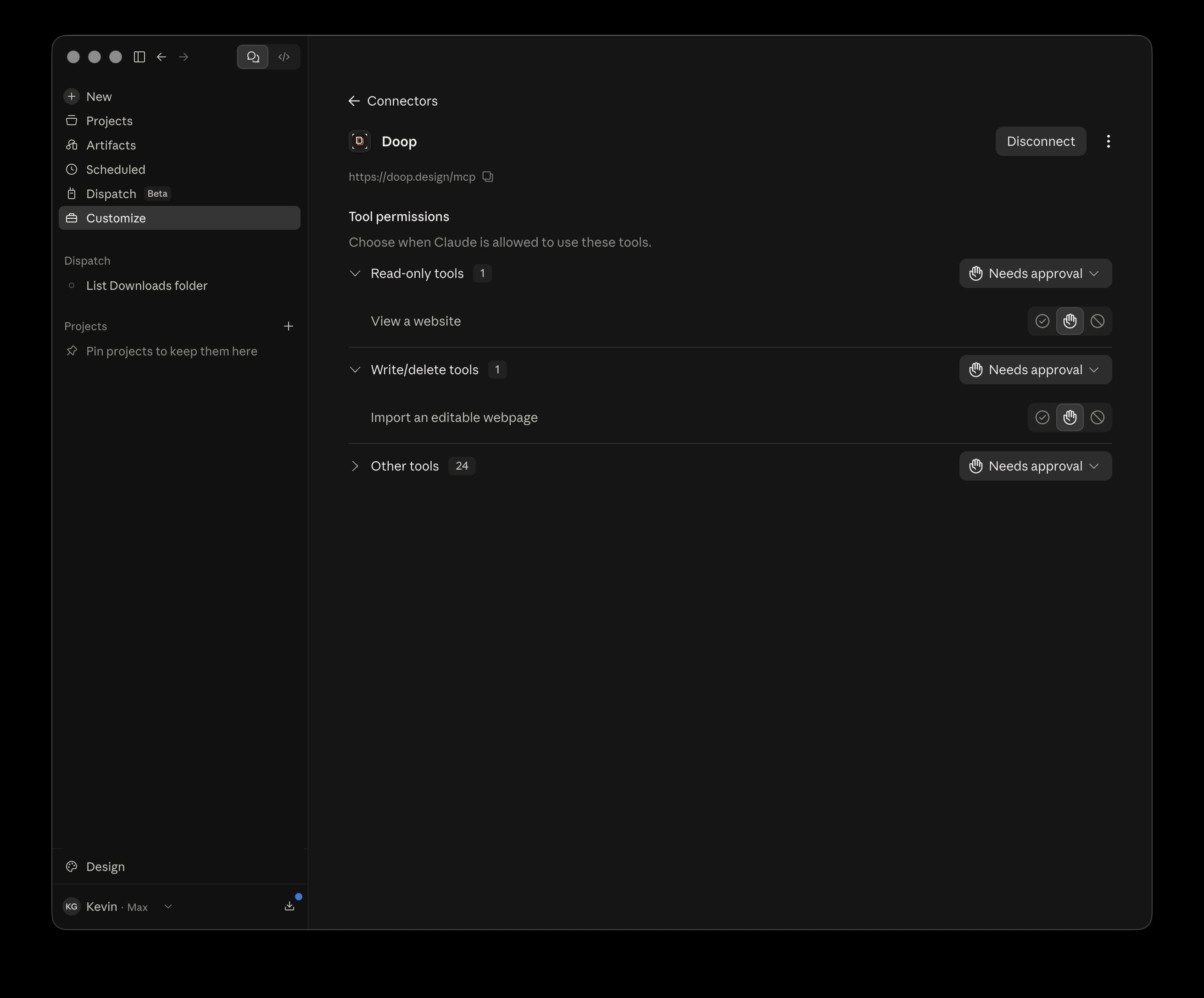 The connected Doop connector showing per-tool permission settings