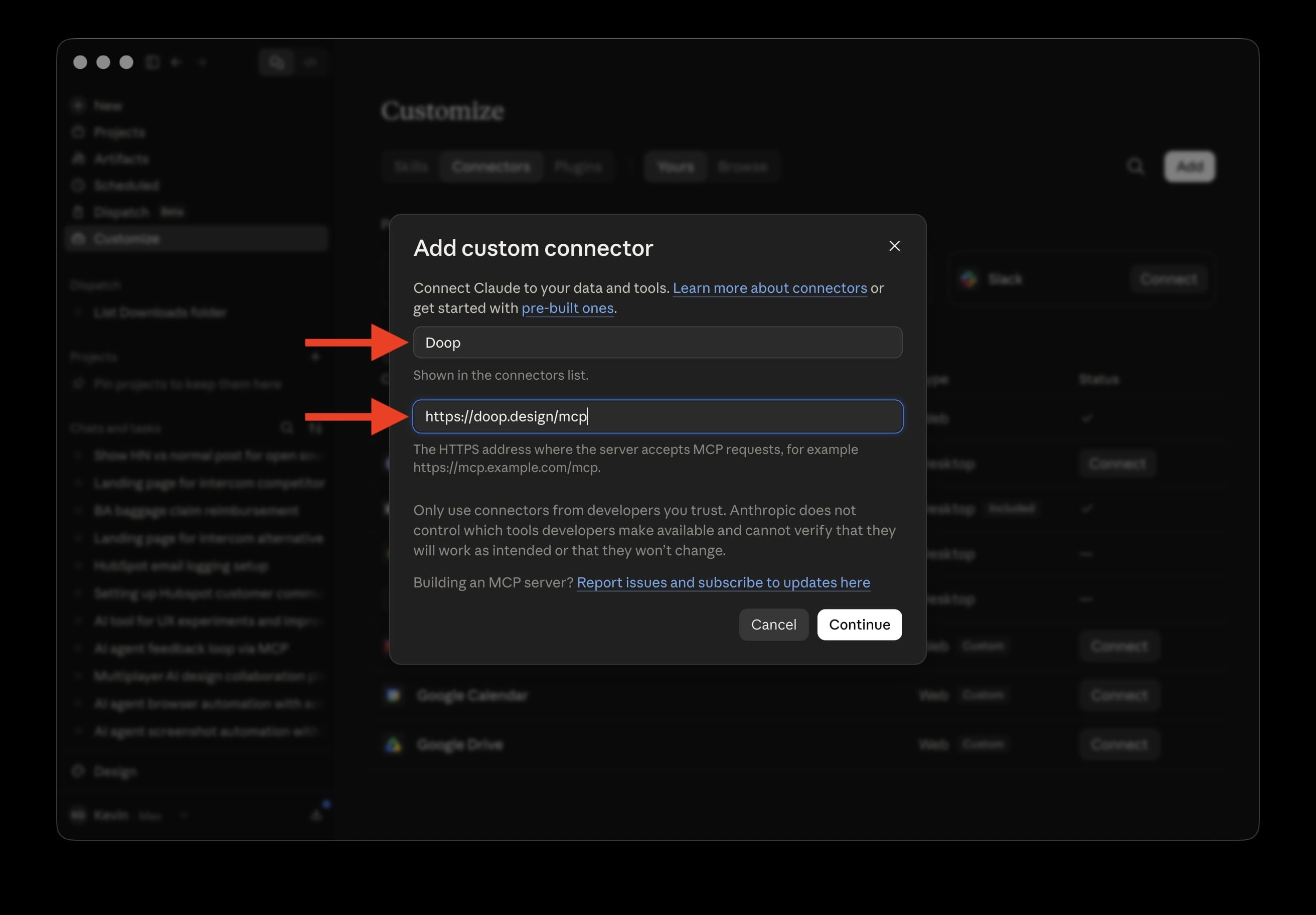 The add custom connector dialog filled in with the name Doop and the URL https://doop.design/mcp