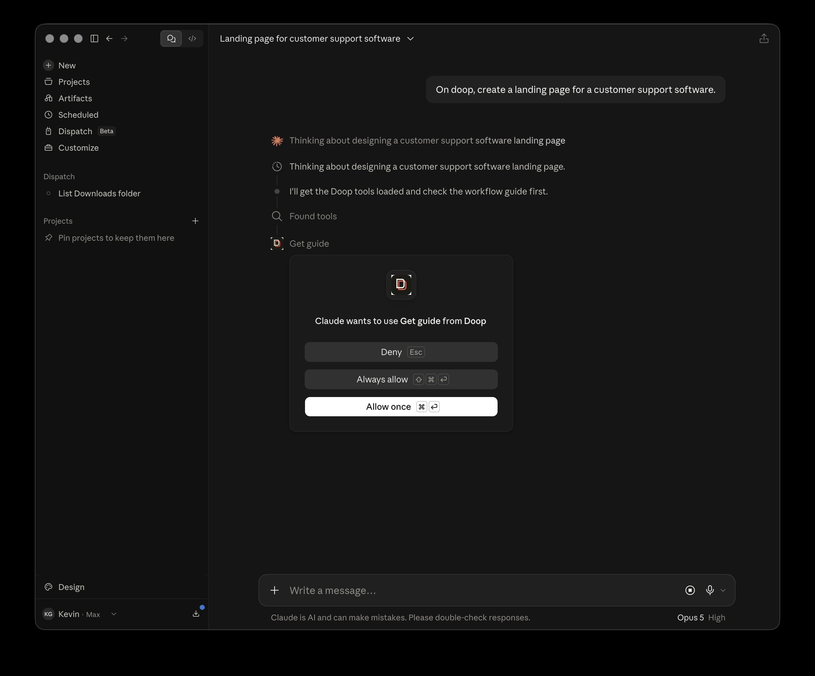 Claude Desktop working on a Doop brief and asking permission to use the Get guide tool