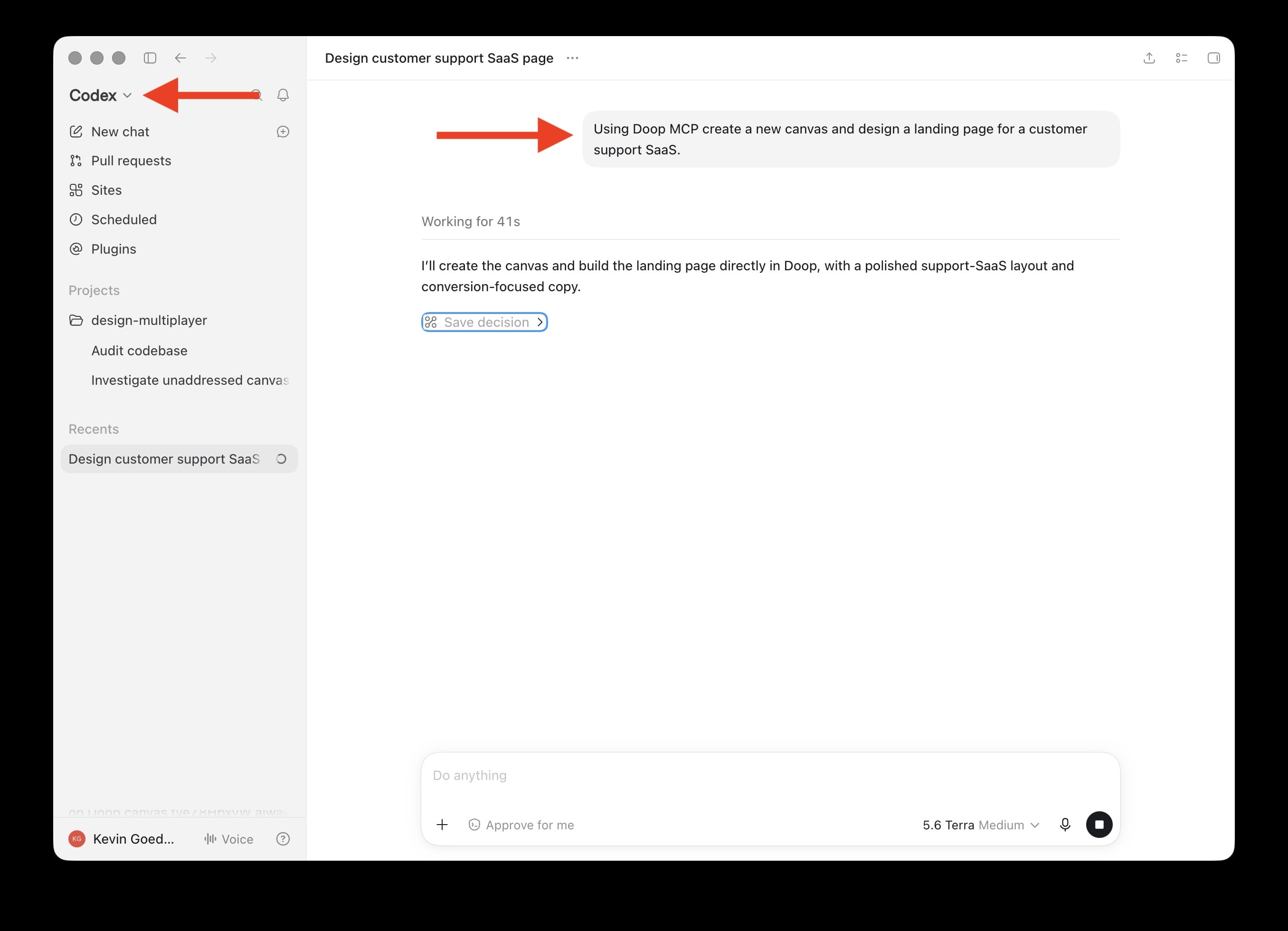 Codex in the ChatGPT desktop app designing a landing page through the Doop MCP