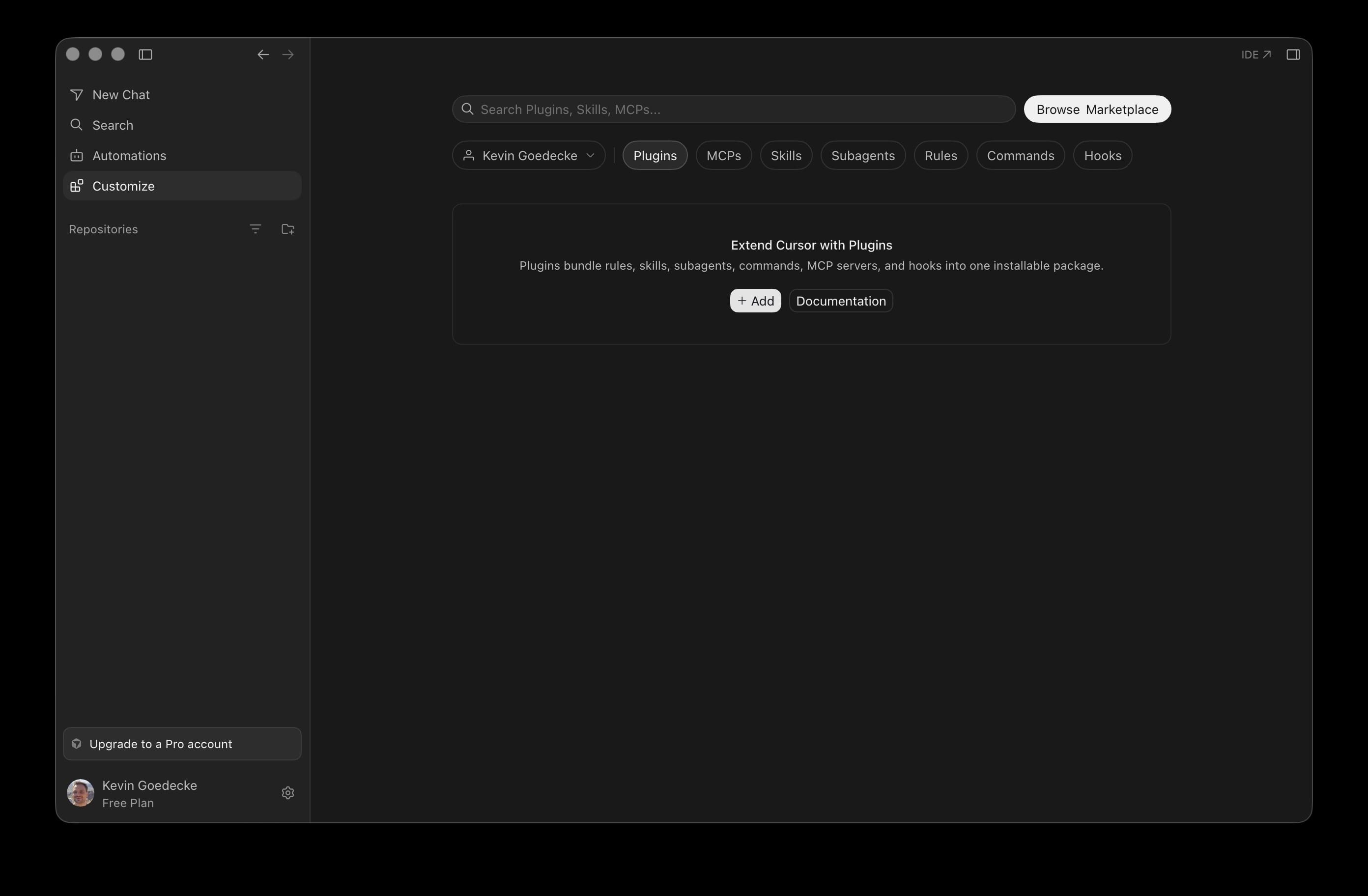 Cursor's Customize page showing the Plugins, MCPs, and Skills tabs